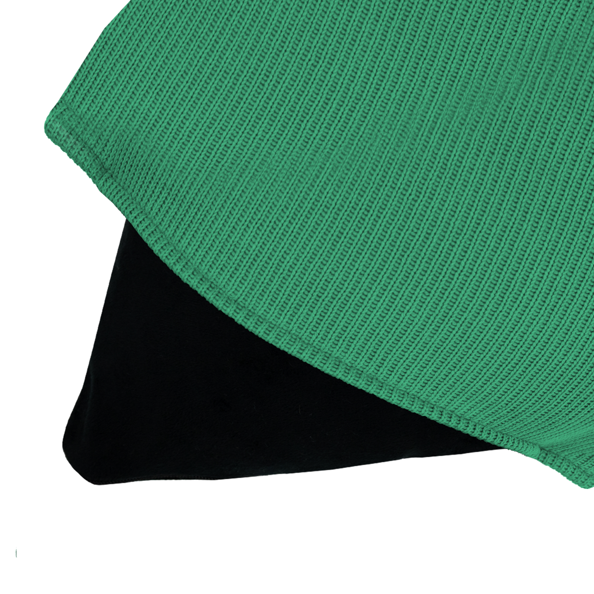 Un tissu vert tricoté sur un tissu noir. Les deux sont inclinés. Fond blanc.