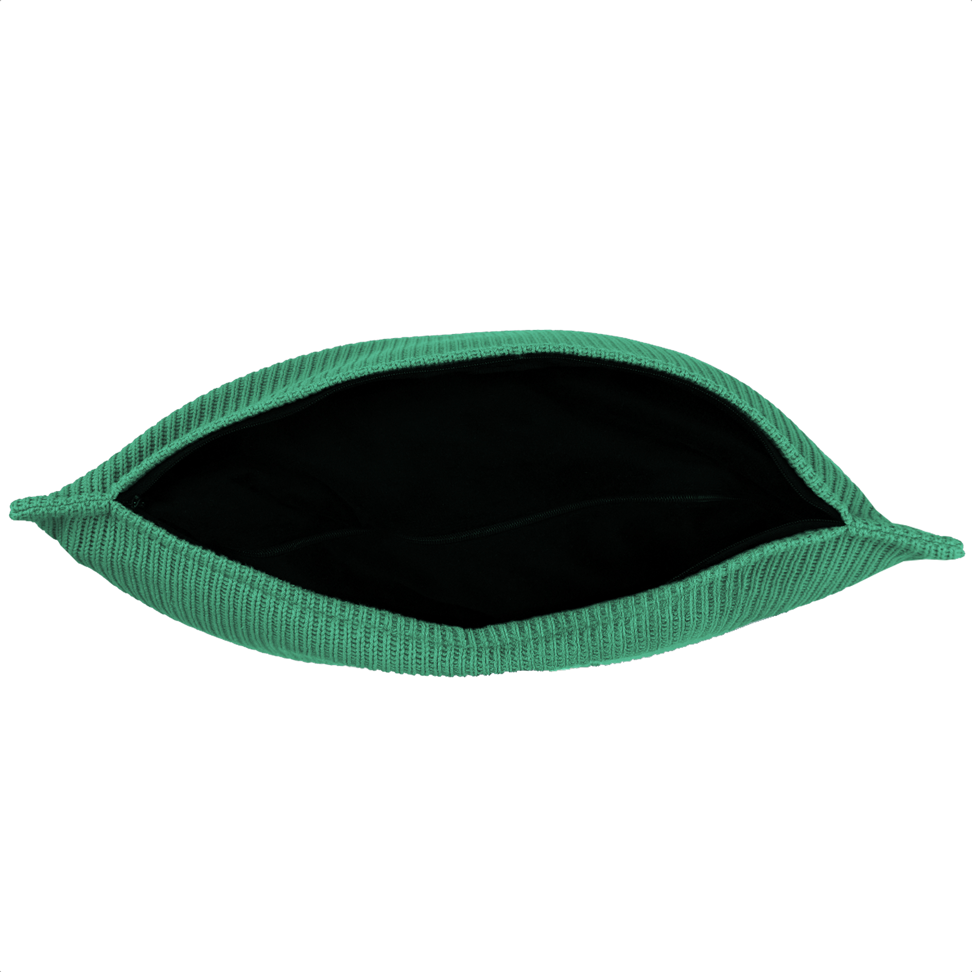 Un sac vert tricoté ouvert avec un intérieur noir se trouve sur un fond blanc.