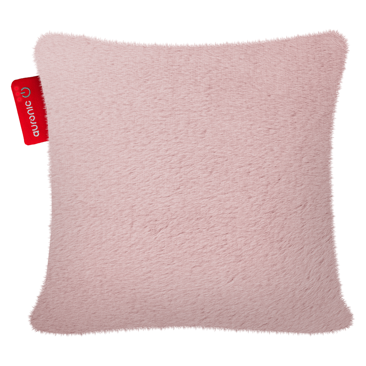 Un oreiller rose moelleux avec une étiquette « auronic ». L'oreiller est carré et a une texture douce et floue.