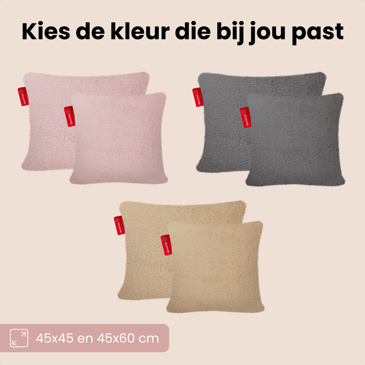 L'image montre neuf oreillers moelleux en rose, gris et beige. Le texte en haut dit 'Choisissez la couleur qui vous convient'.