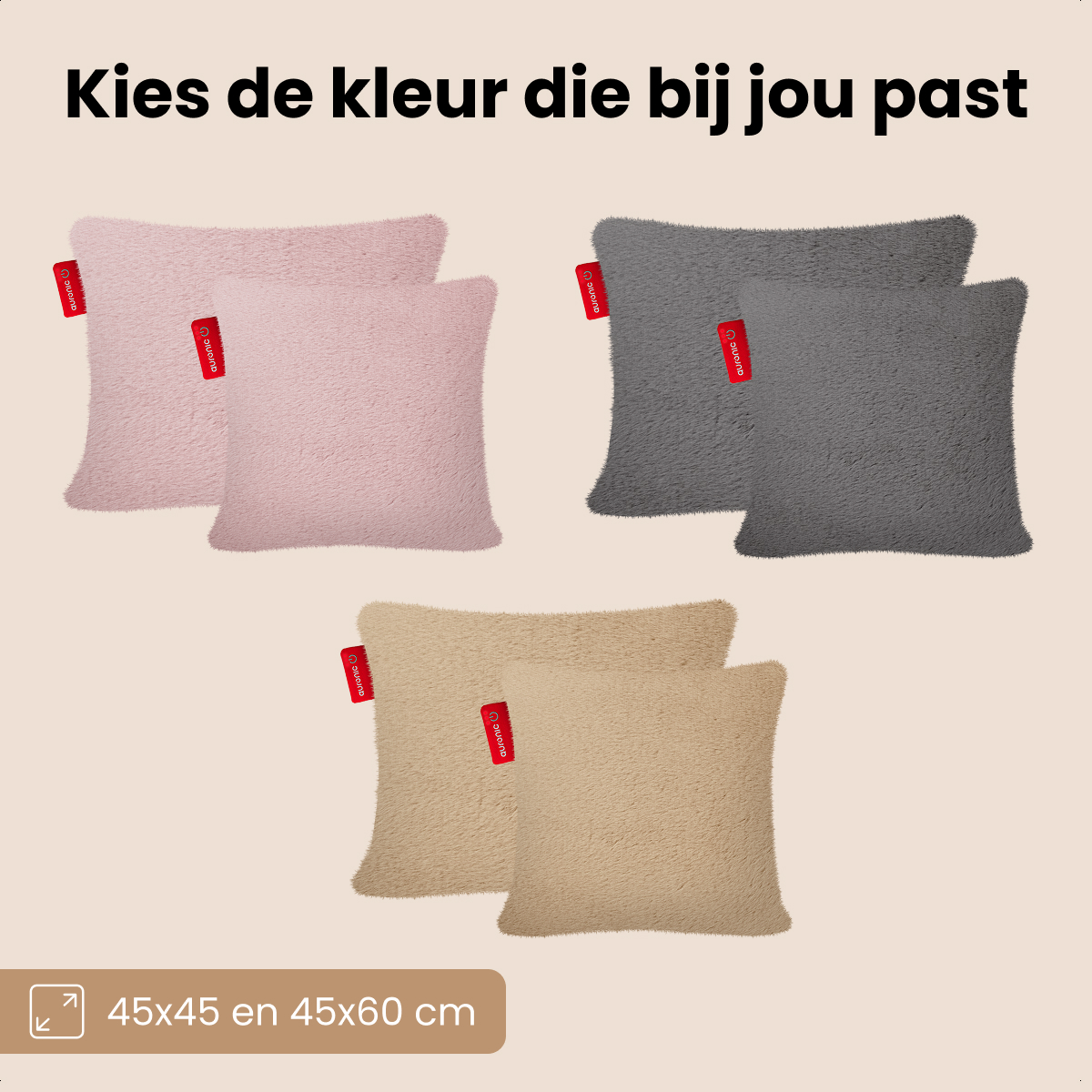 Image shows three sets of fluffy pillows in pink, gray, and beige. Text says 'Choose the color that suits you'. Dimensions are given.