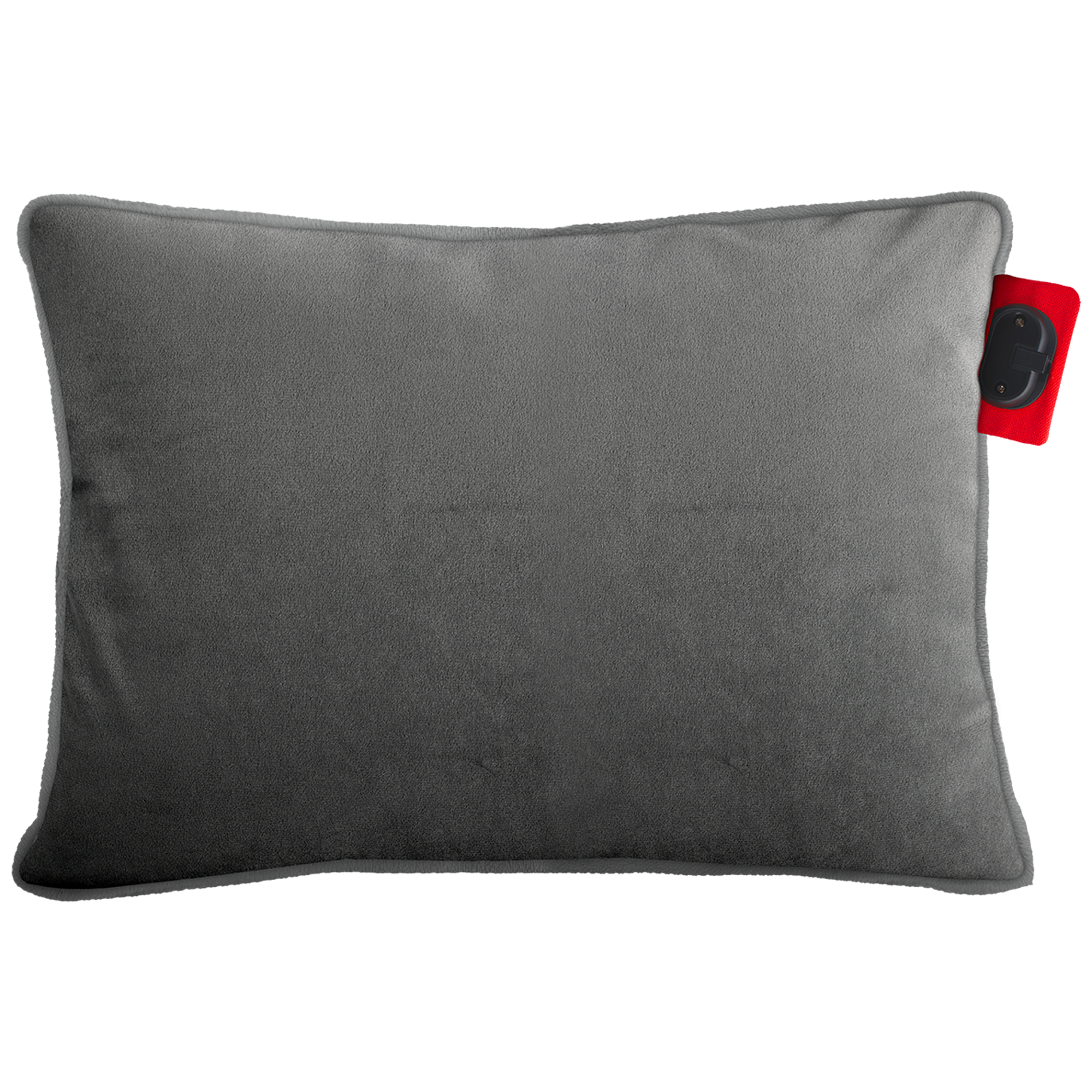 Grijze rechthoekige kussen met rood label en zwart onderdeel. De kussen staat op een witte achtergrond.