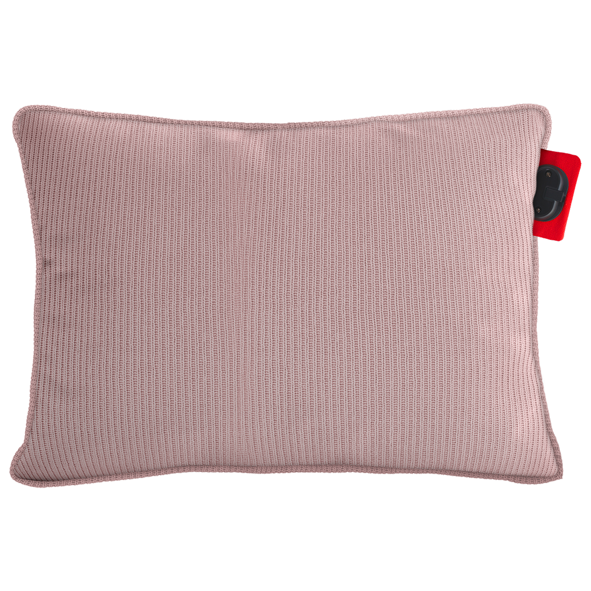 A rectangular, light-pink pillow with a textured knit surface. A red tag with black details is attached to the side.