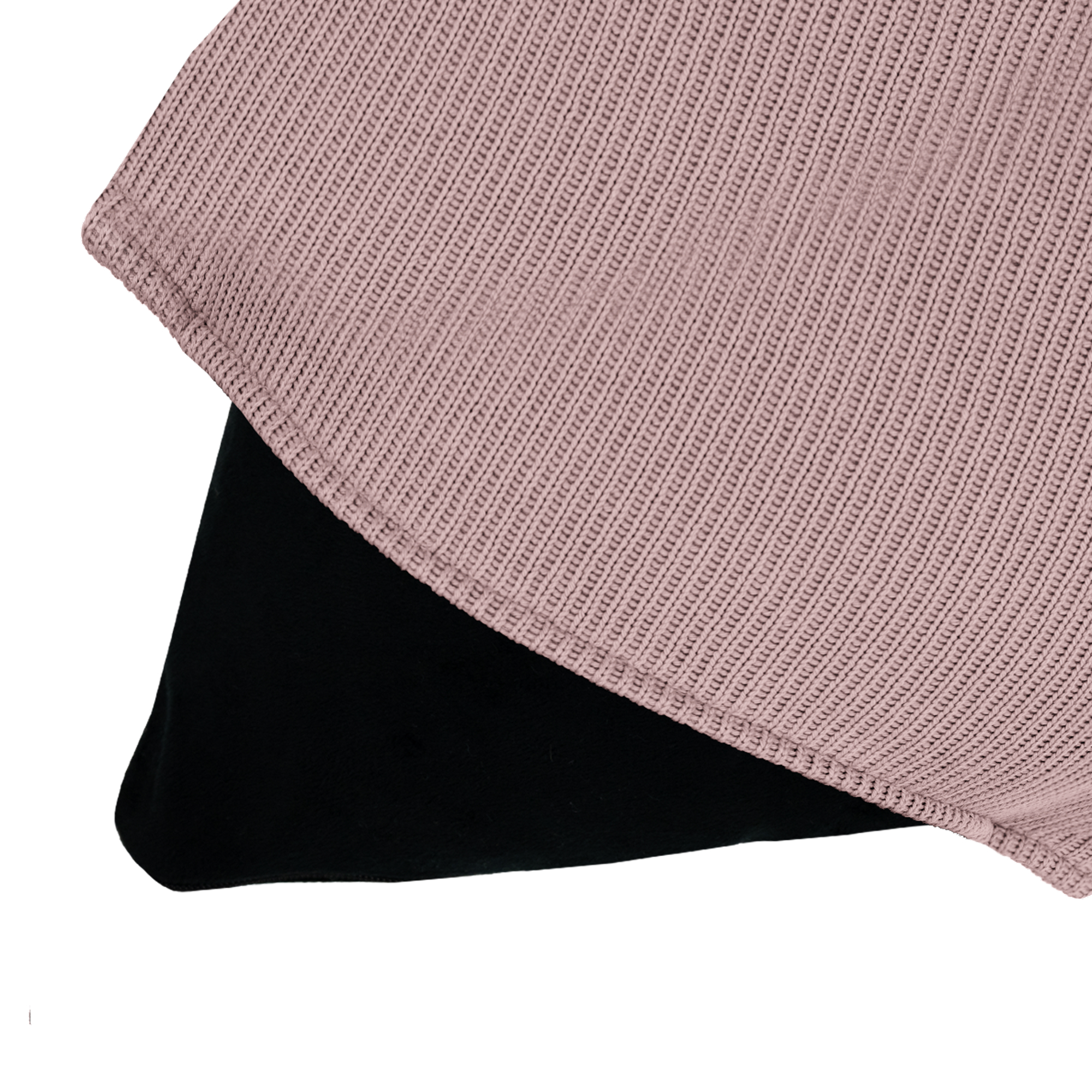 A knitted pink scarf over a black fabric, against a white background. The scarf is folded, showing textures.