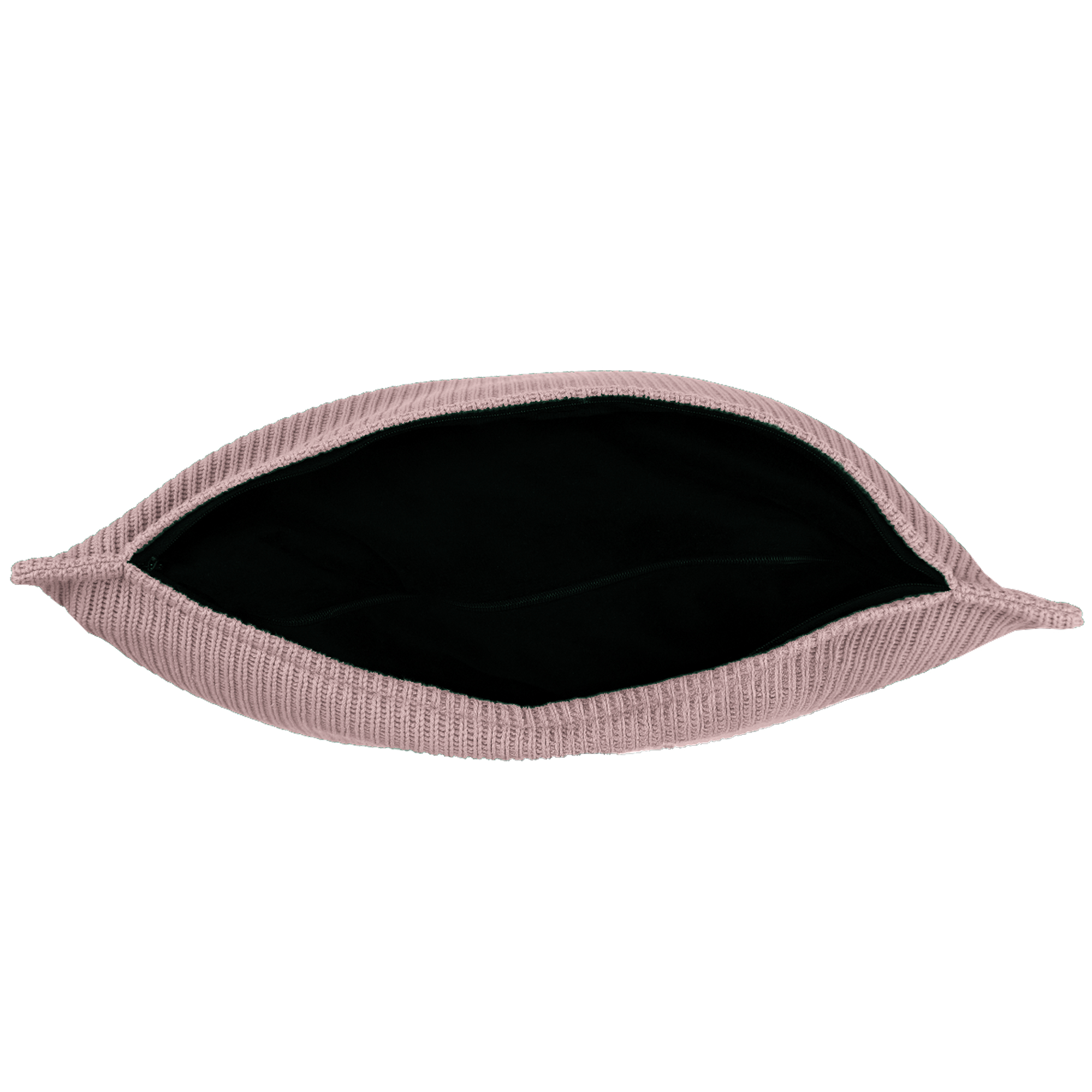 A light pink, knitted pillow, open to reveal a black interior. The pillow has a zipper and is on a white background.