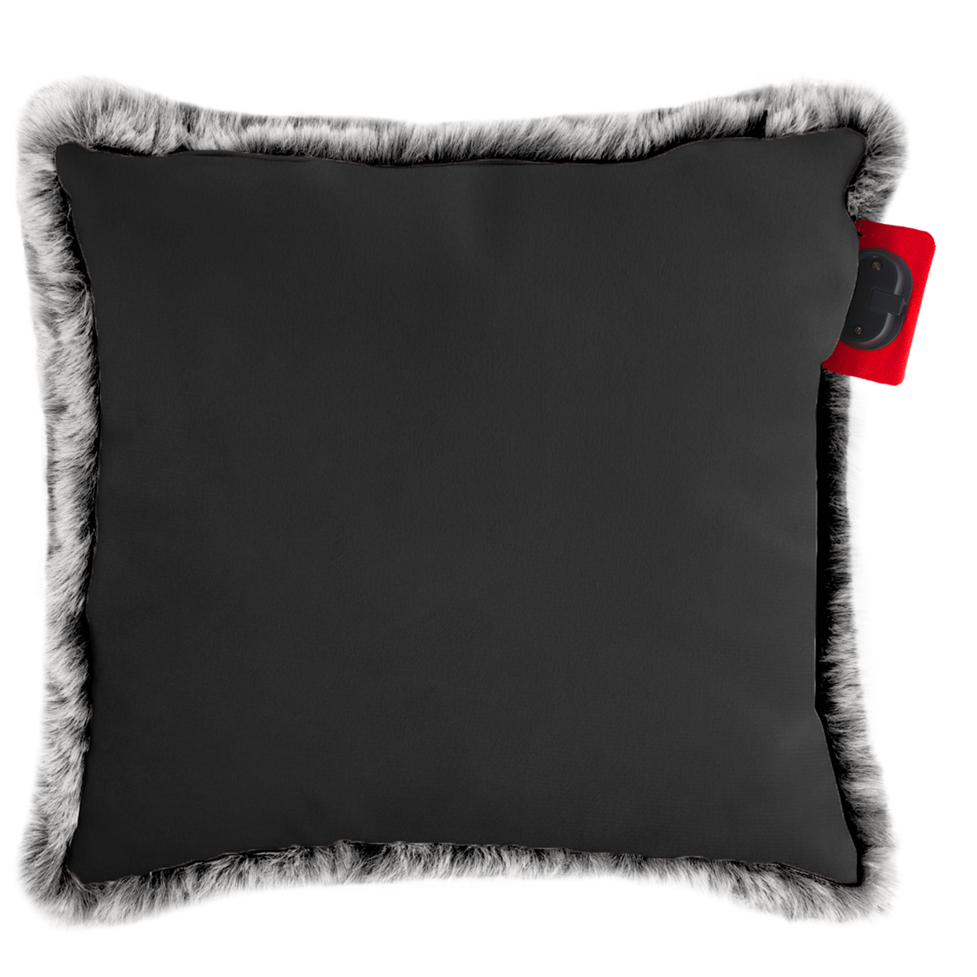 Black square pillow with gray fur trim. Red tag attached. White background.