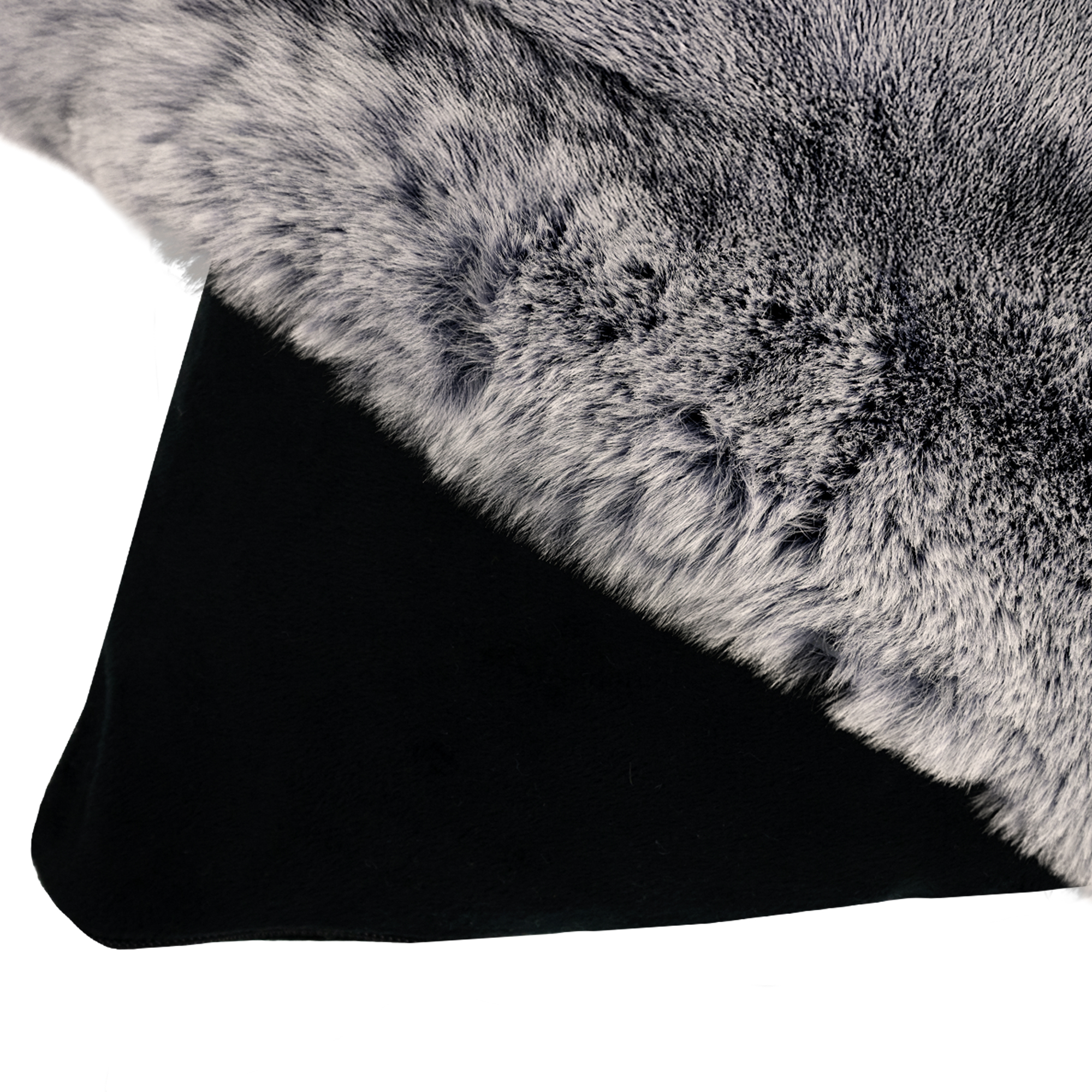 Close-up of a black fabric with grey faux fur on top. White background.