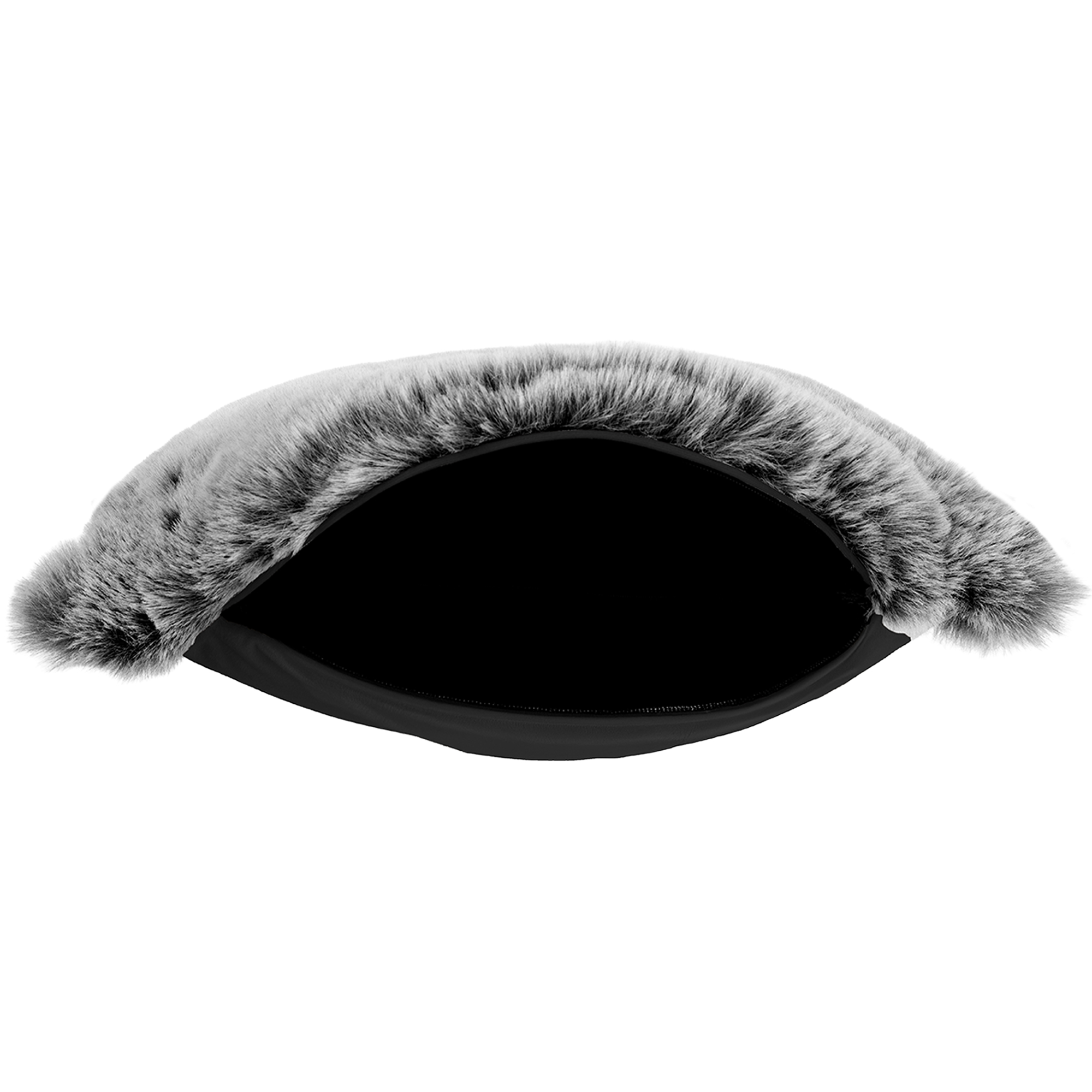 A black and gray fur collar, open in the middle. The fur is gray and black. The background is white.