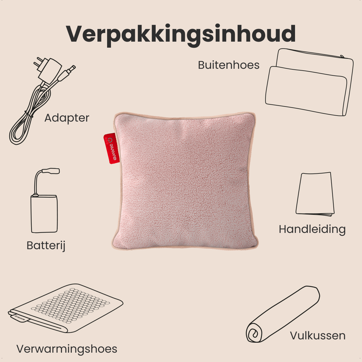Image shows items of a pillow set: adapter, battery, cover, heating pad, instruction manual, and a rolled pillow.