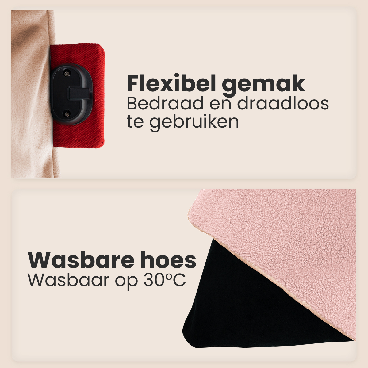 Image shows product information. Top: black device on red fabric, text about flexibility. Bottom: pink fabric and black fabric, washing instructions.