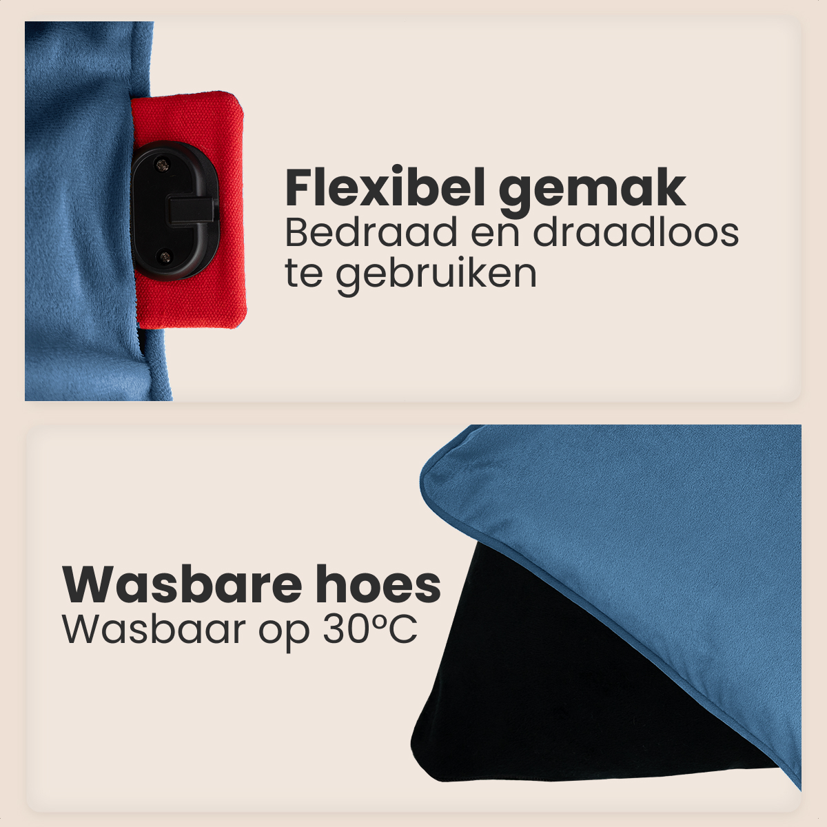 L'image montre un tissu bleu avec une section rouge et un composant noir. Le texte décrit les caractéristiques du produit.