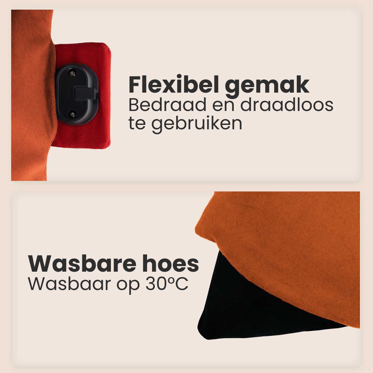 Image shows orange fabric, black object, and text in Dutch: 'Flexible comfort, wired and wireless use'. More text: 'Washable cover, washable at 30°C'.