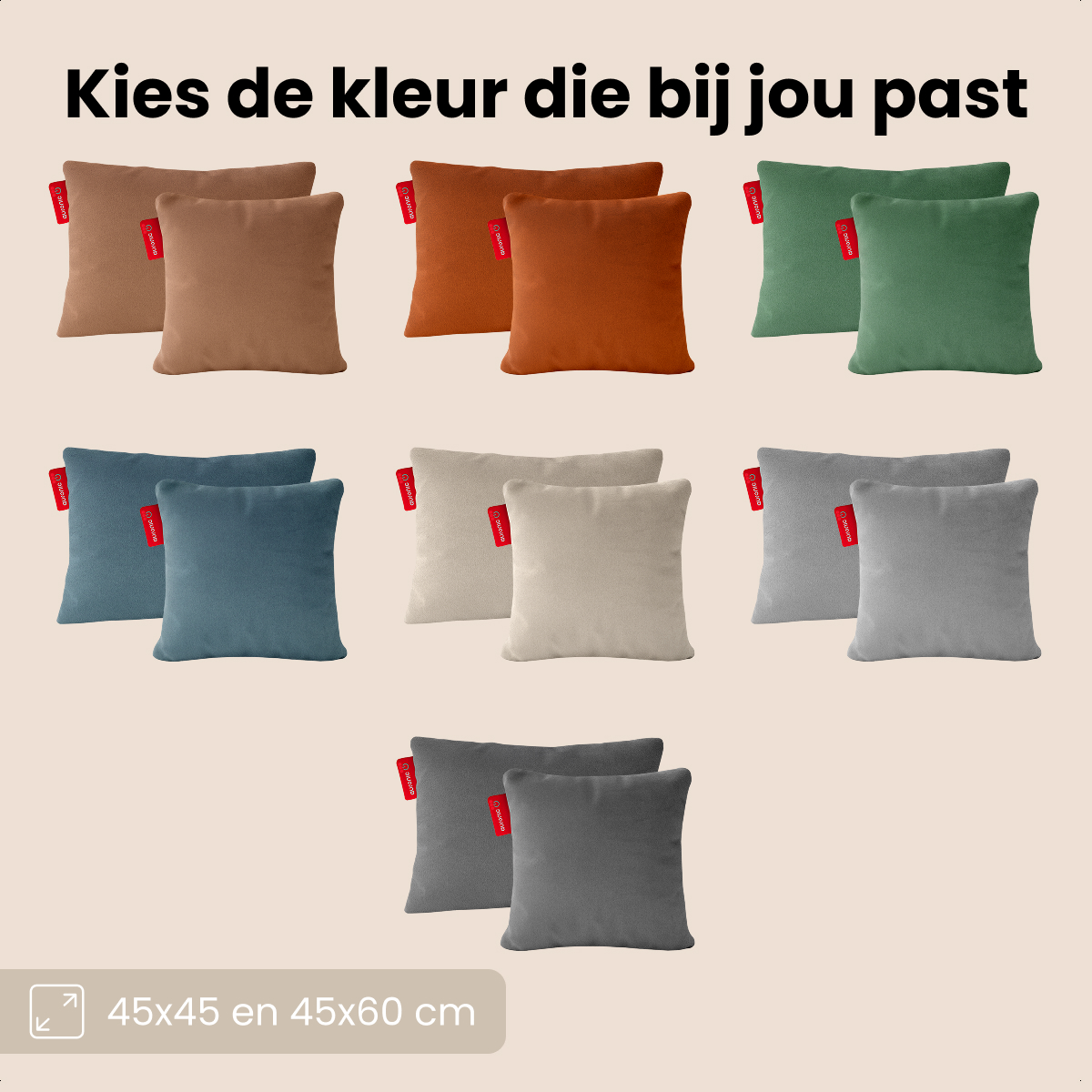 Image shows multiple pairs of square pillows in various colors: brown, orange, green, blue, beige, grey, and dark grey.