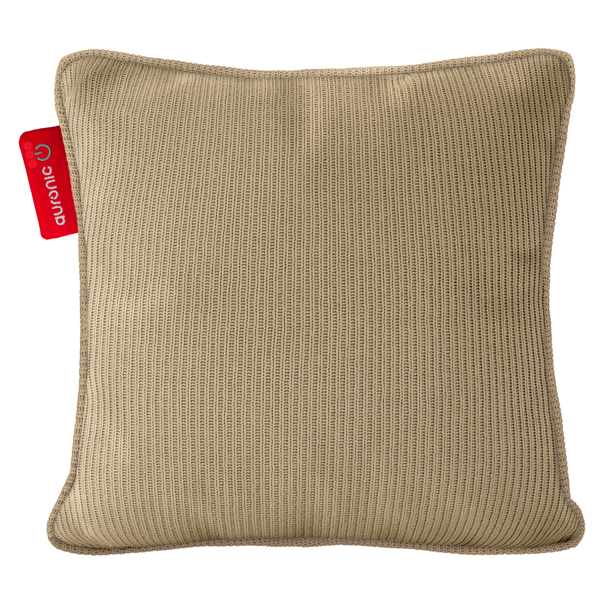 Een beige vierkant kussen met een getextureerd oppervlak en een rood label met 'auronic'.