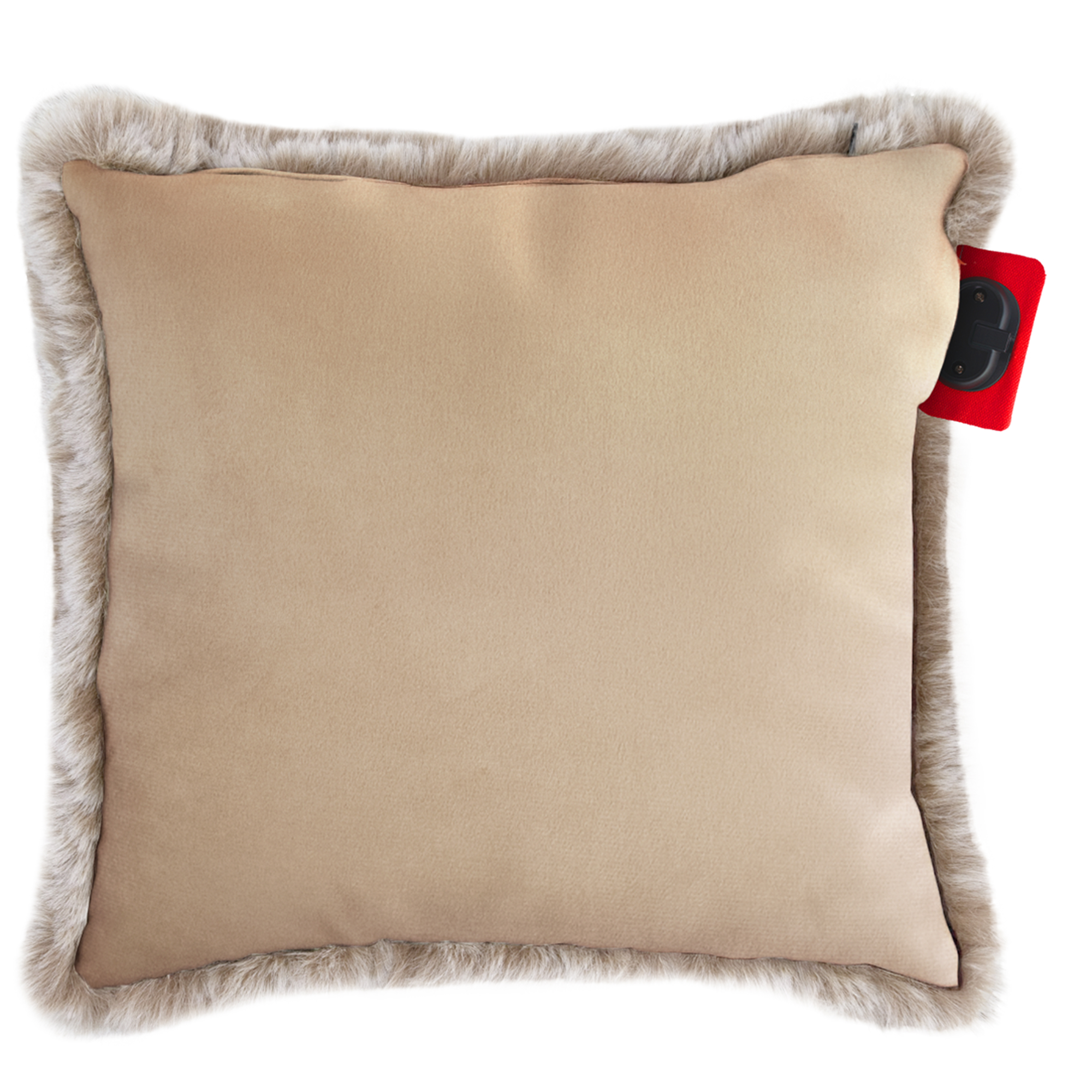 Beige square pillow with faux fur trim and a red tag with a black component attached to the side.