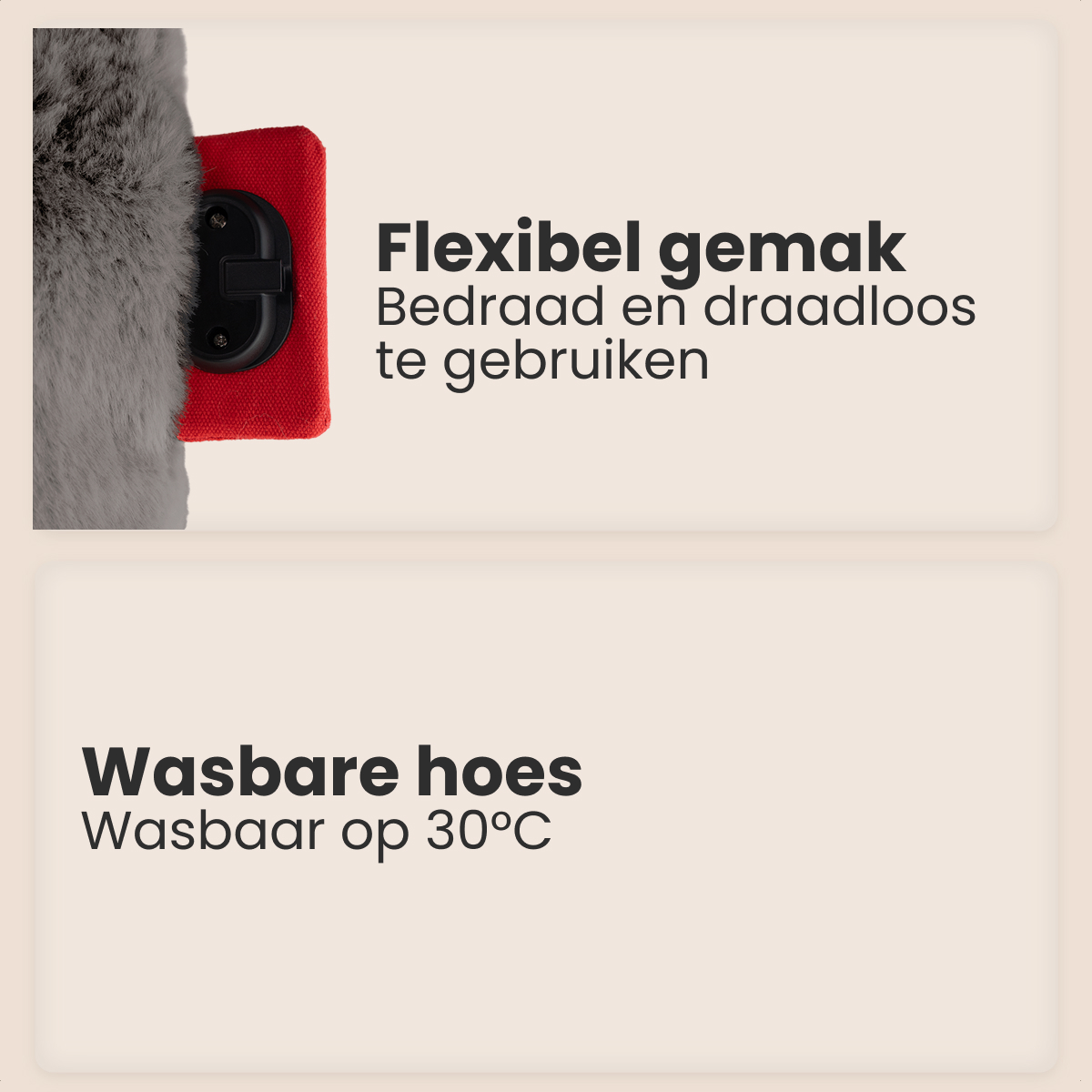 Afbeelding toont een rood en zwart object, grijze vacht en tekst in het Nederlands: Flexibel, gemakkelijk, bedraad en draadloos gebruik.