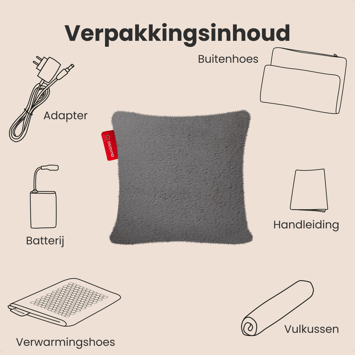 Afbeelding toont de verpakkingsinhoud: adapter, batterij, verwarmingsschoenen, kussen, buitenhoes, instructies en nekkussen.
