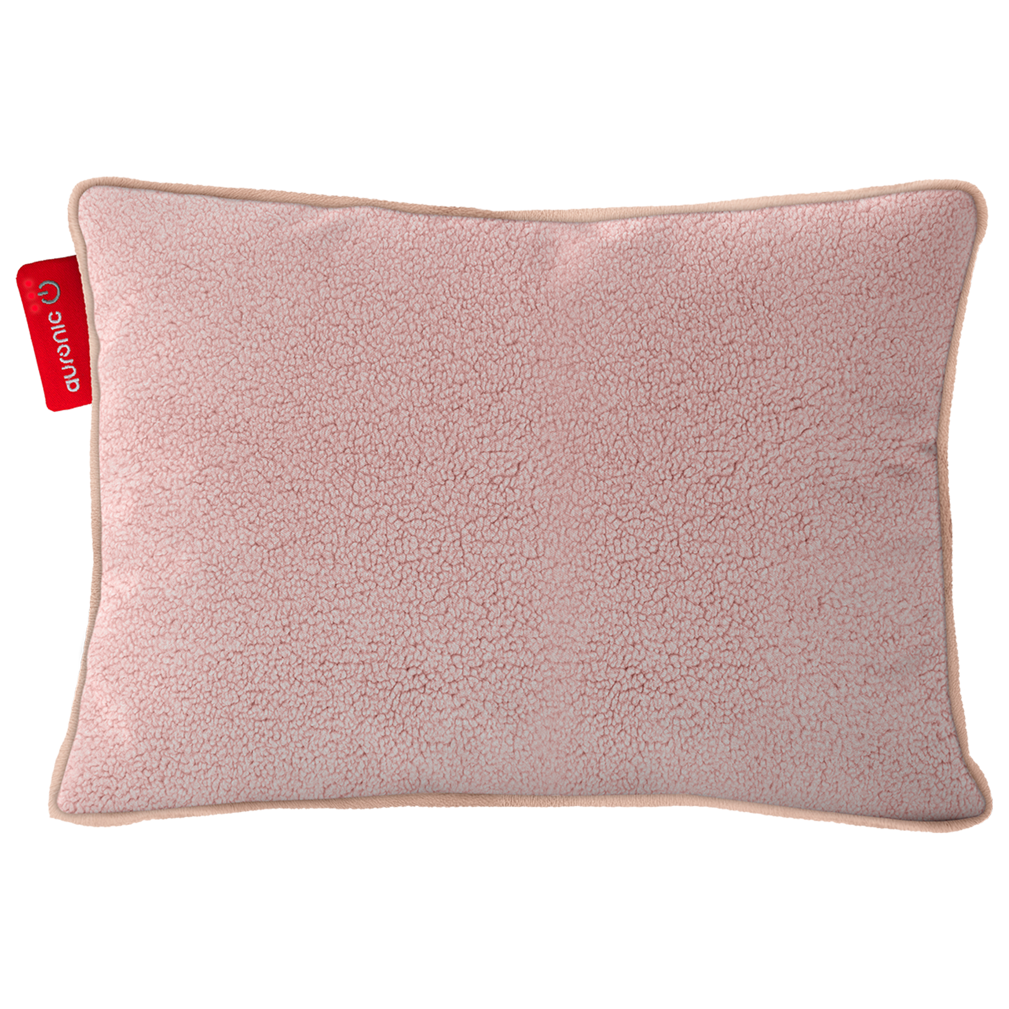 Een rechthoekig roze kussen met een getextureerd oppervlak en een beige rand. Een rood label met witte tekst is bevestigd.