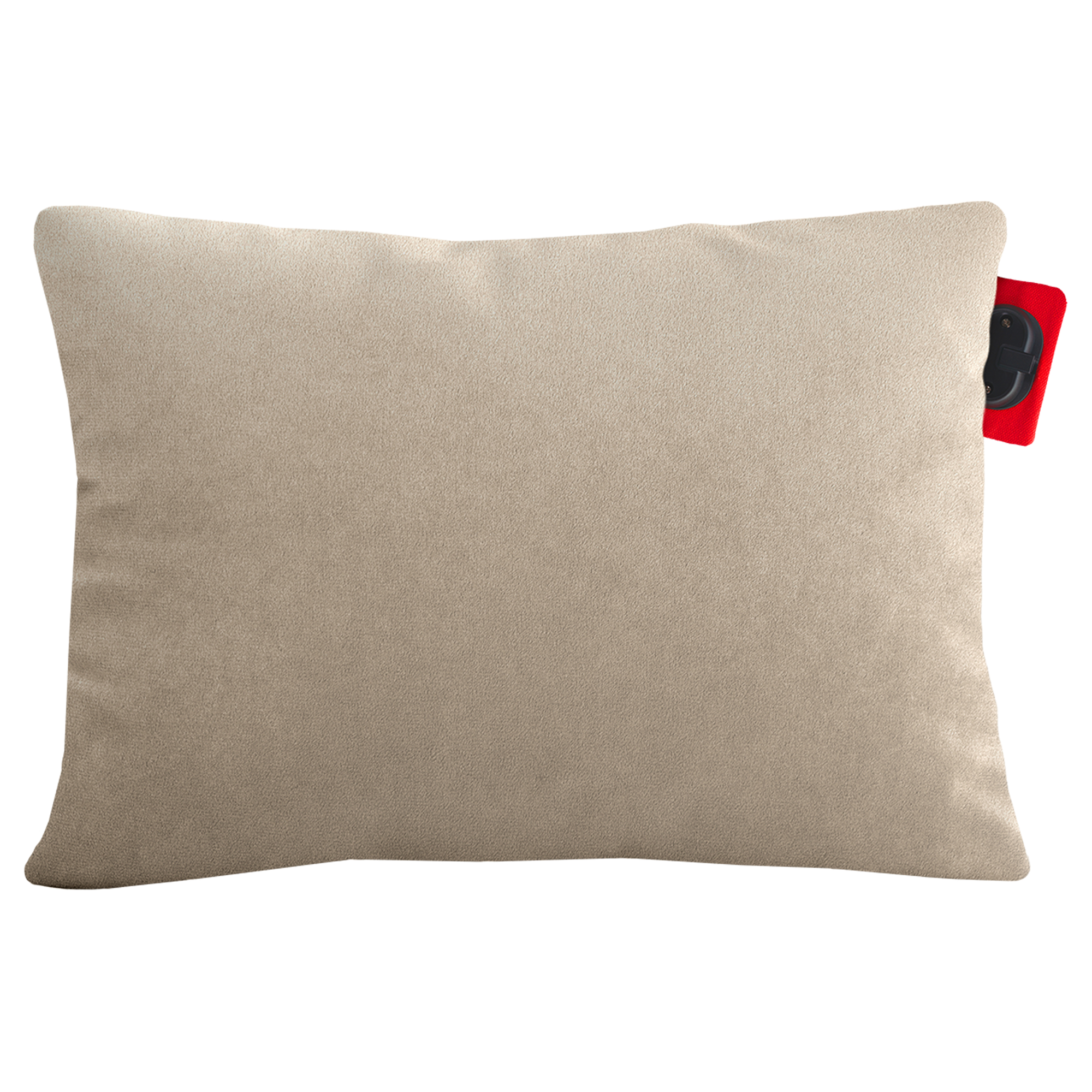A beige rectangular pillow with a red tag attached. The tag has a black component on it.