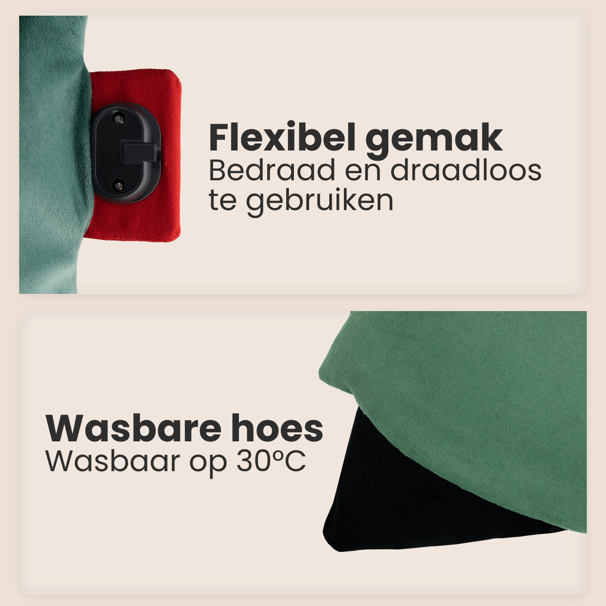 L'image présente un tampon rouge avec un appareil noir et des tissus verts et noirs. Le texte décrit un produit flexible et lavable.