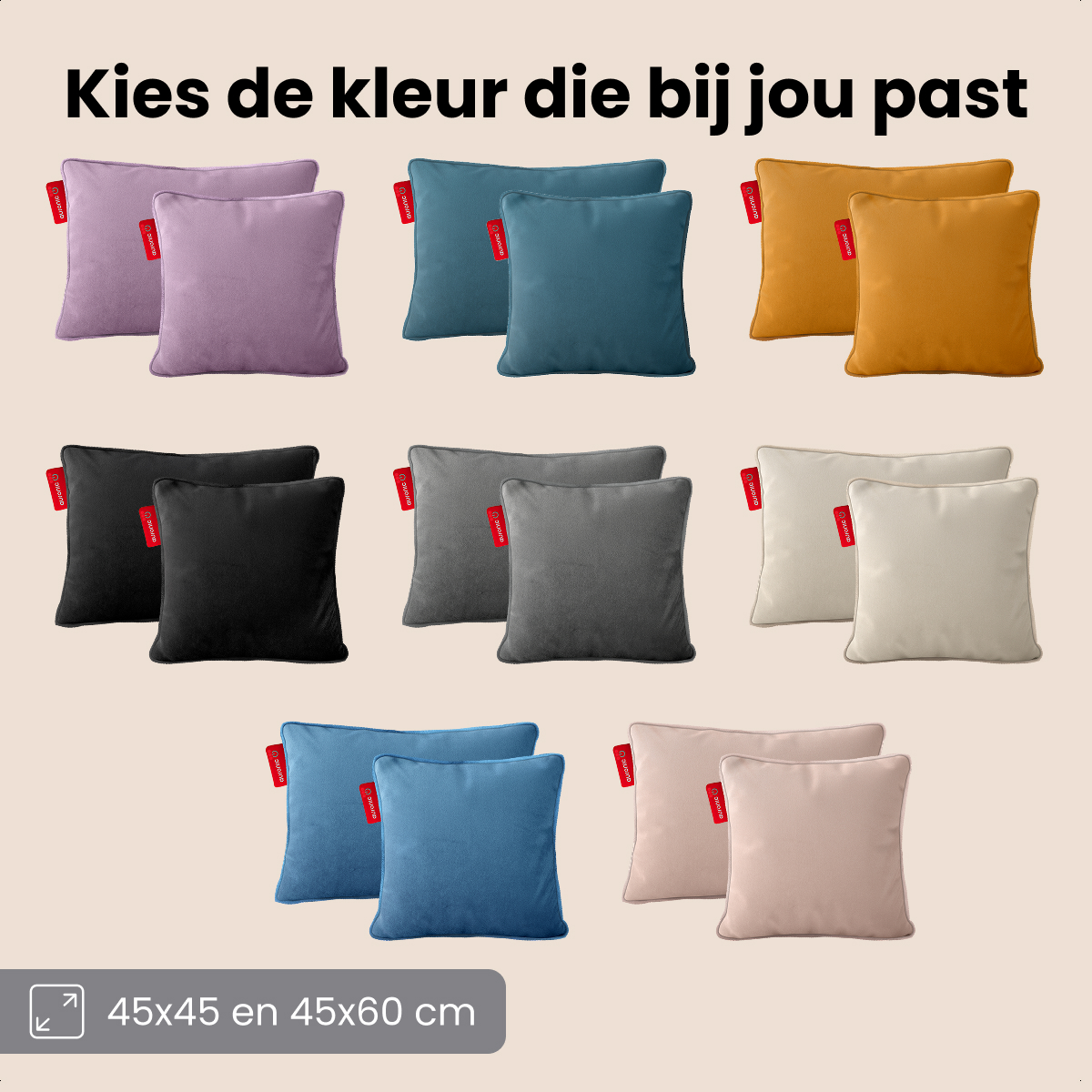 Various colored cushions are arranged in rows. Text at the top says 'Choose the color that suits you'. Sizes are 45x45 and 45x60 cm.
