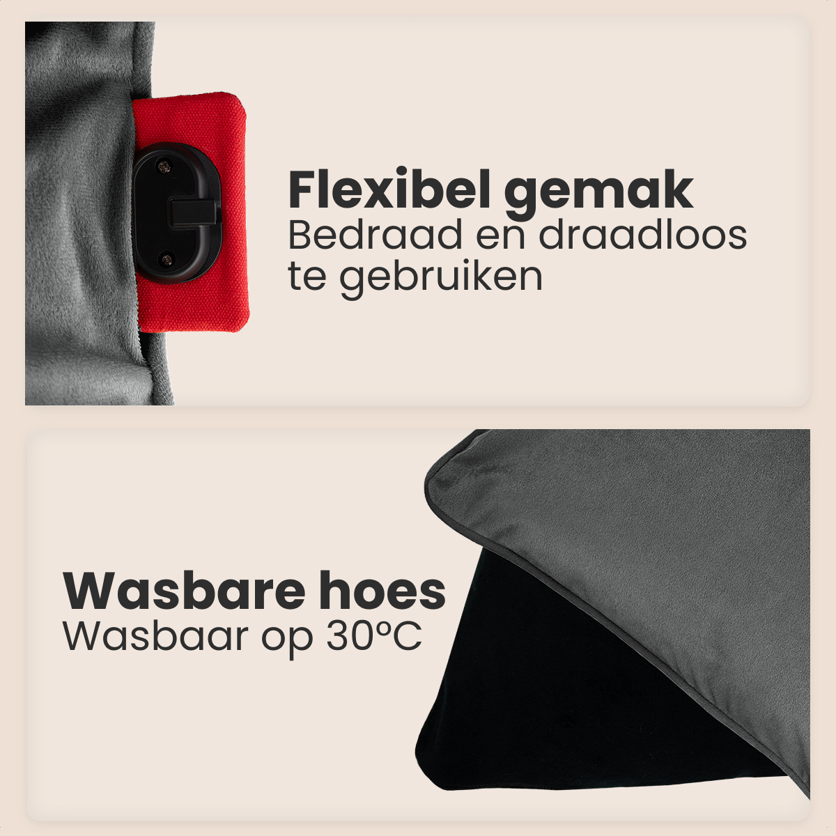 Image shows a product with text. Top section: red and gray fabric. Bottom: gray and black fabric. Text highlights flexible use and washable.