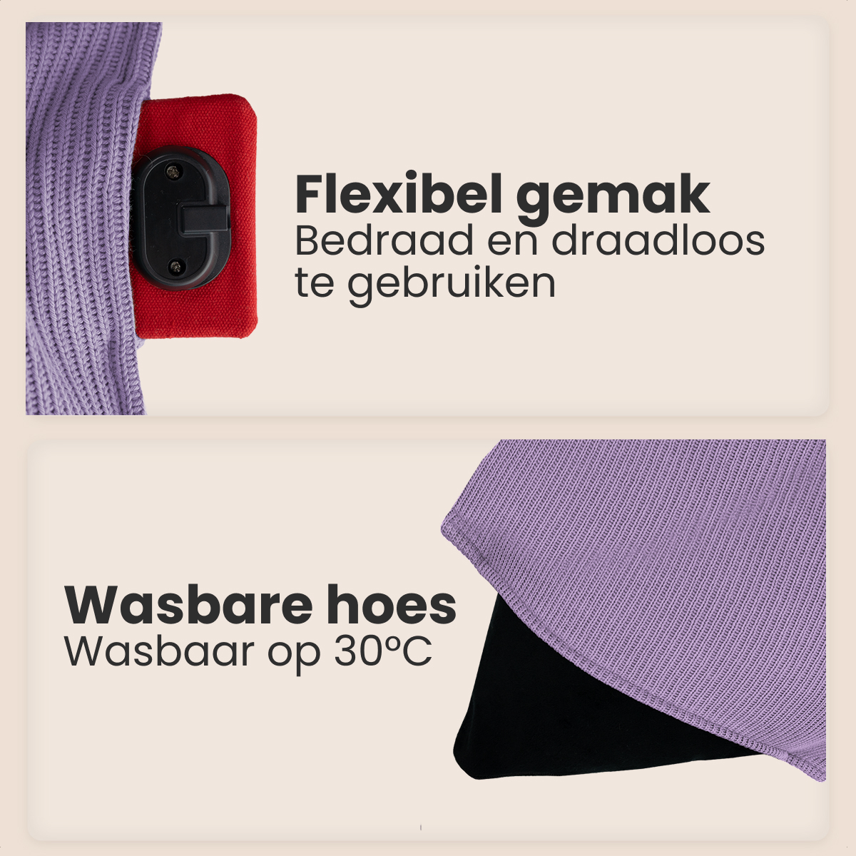Afbeelding toont een telefoonhoesje en een stof. Tekst zegt: 'Flexibel gemak, bedraad en draadloos gebruik' en 'Wasbare hoes, wasbaar op 30°C'.