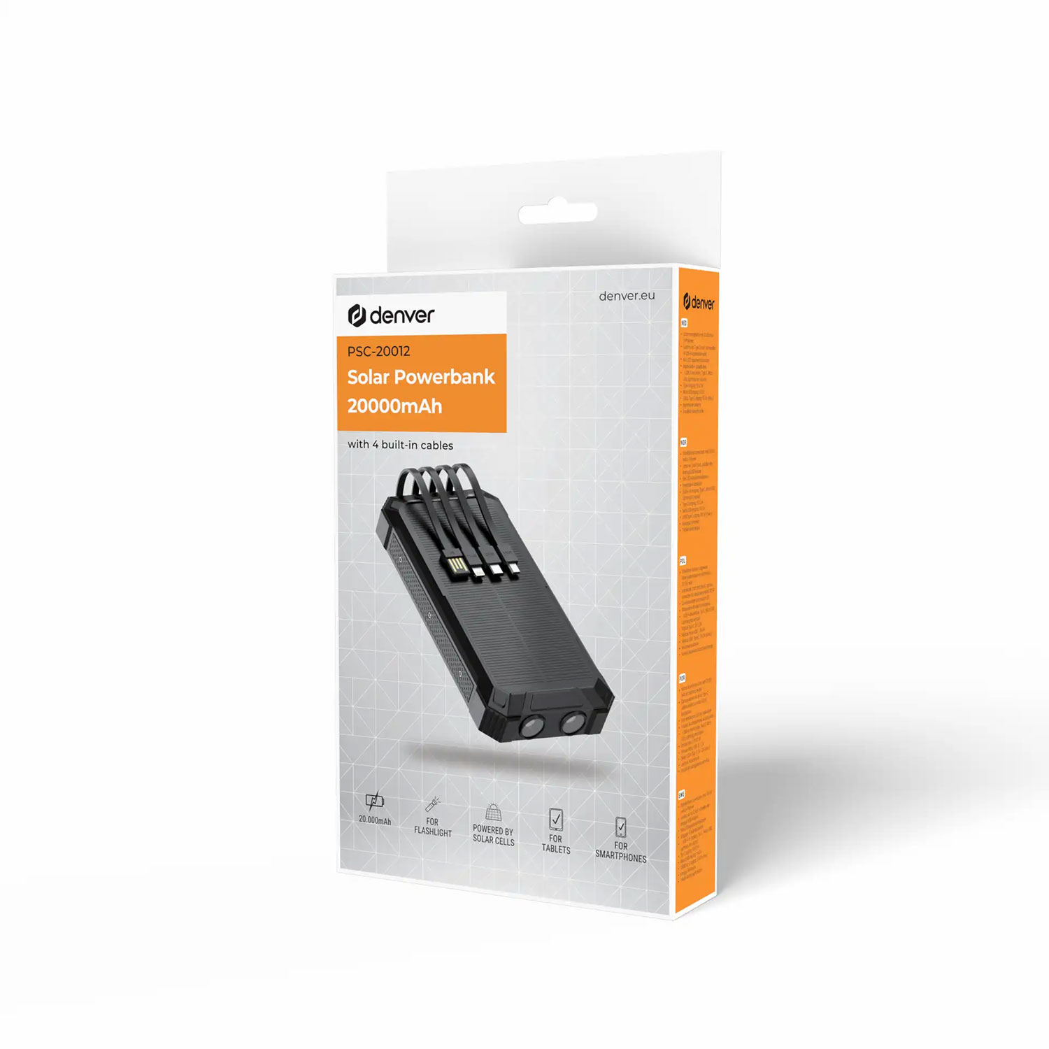 Een Denver solar powerbank in de verpakking. Het is zwart met ingebouwde kabels. De verpakking toont functies zoals zaklamp.