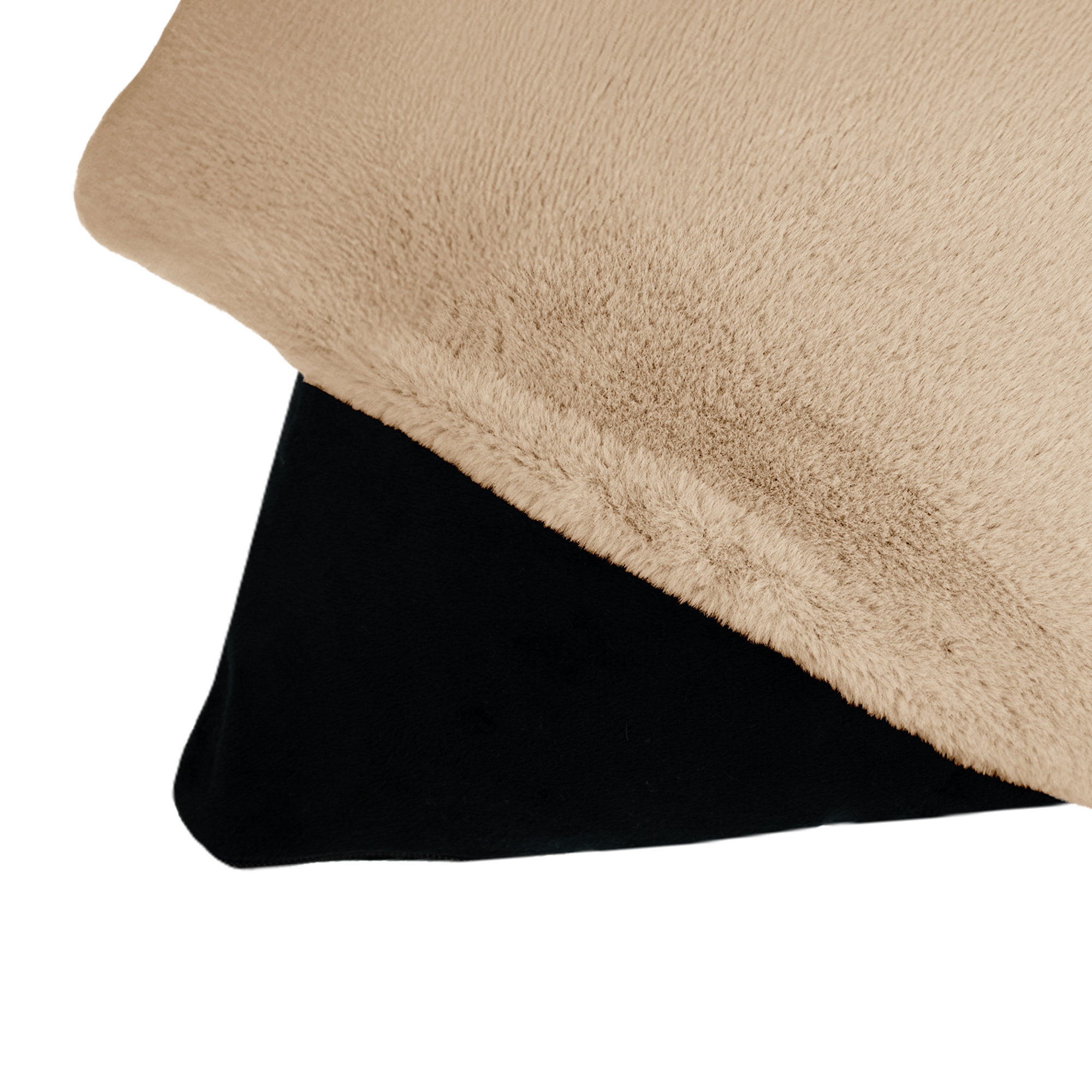 Close up of two pillows, one tan plush, the other black. They are overlapping.