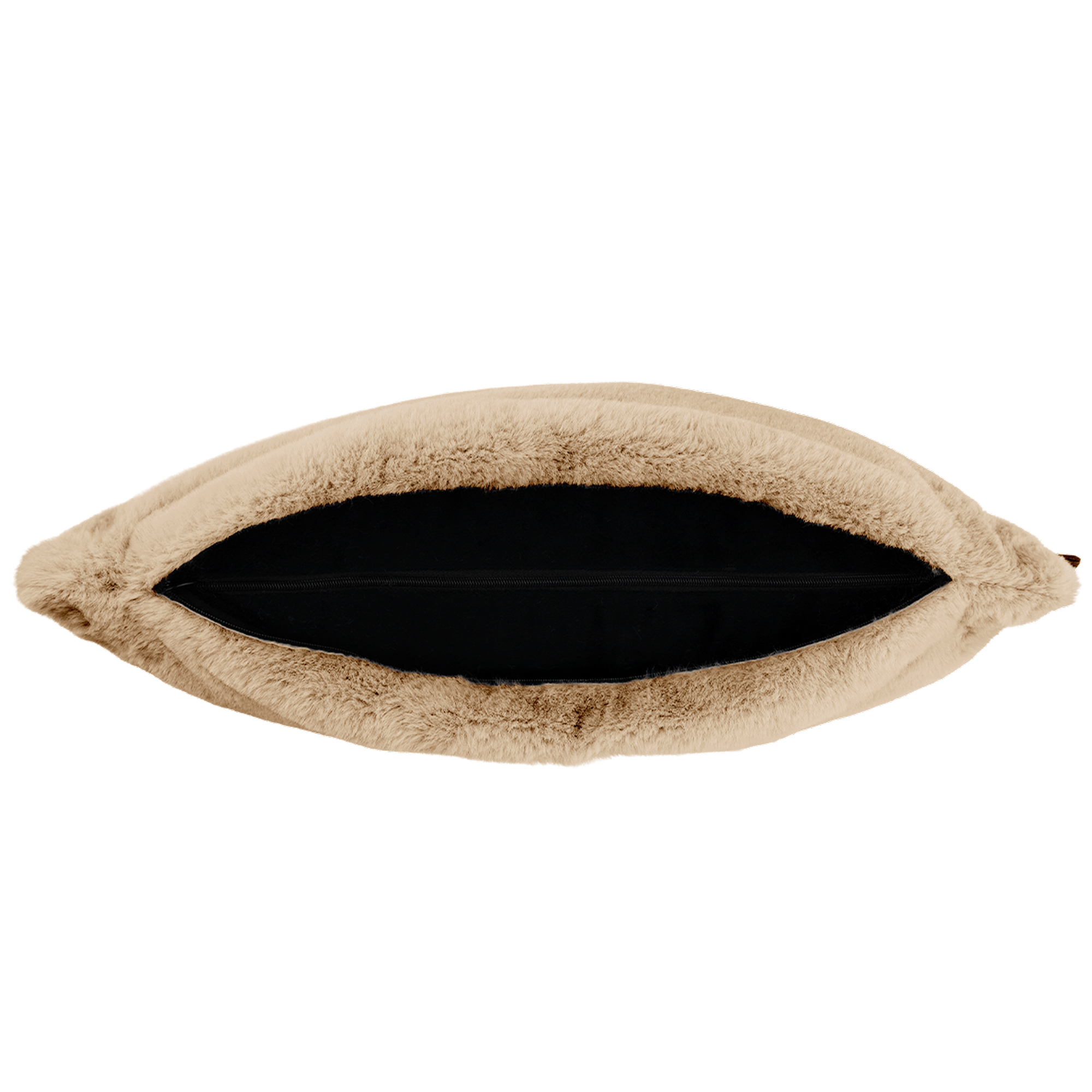 A beige, fluffy, oval-shaped pillow with a black interior. The pillow is open, revealing the inside.