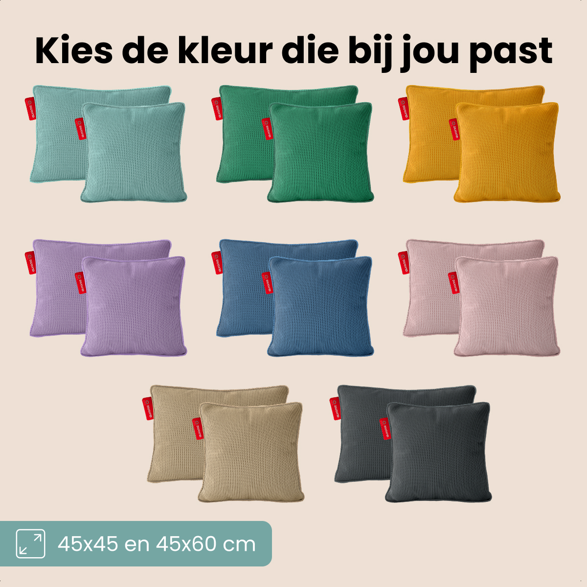 Afbeelding toont verschillende paren vierkante kussens in verschillende kleuren: teal, groen, geel, paars, blauw, roze, beige en donkergrijs.