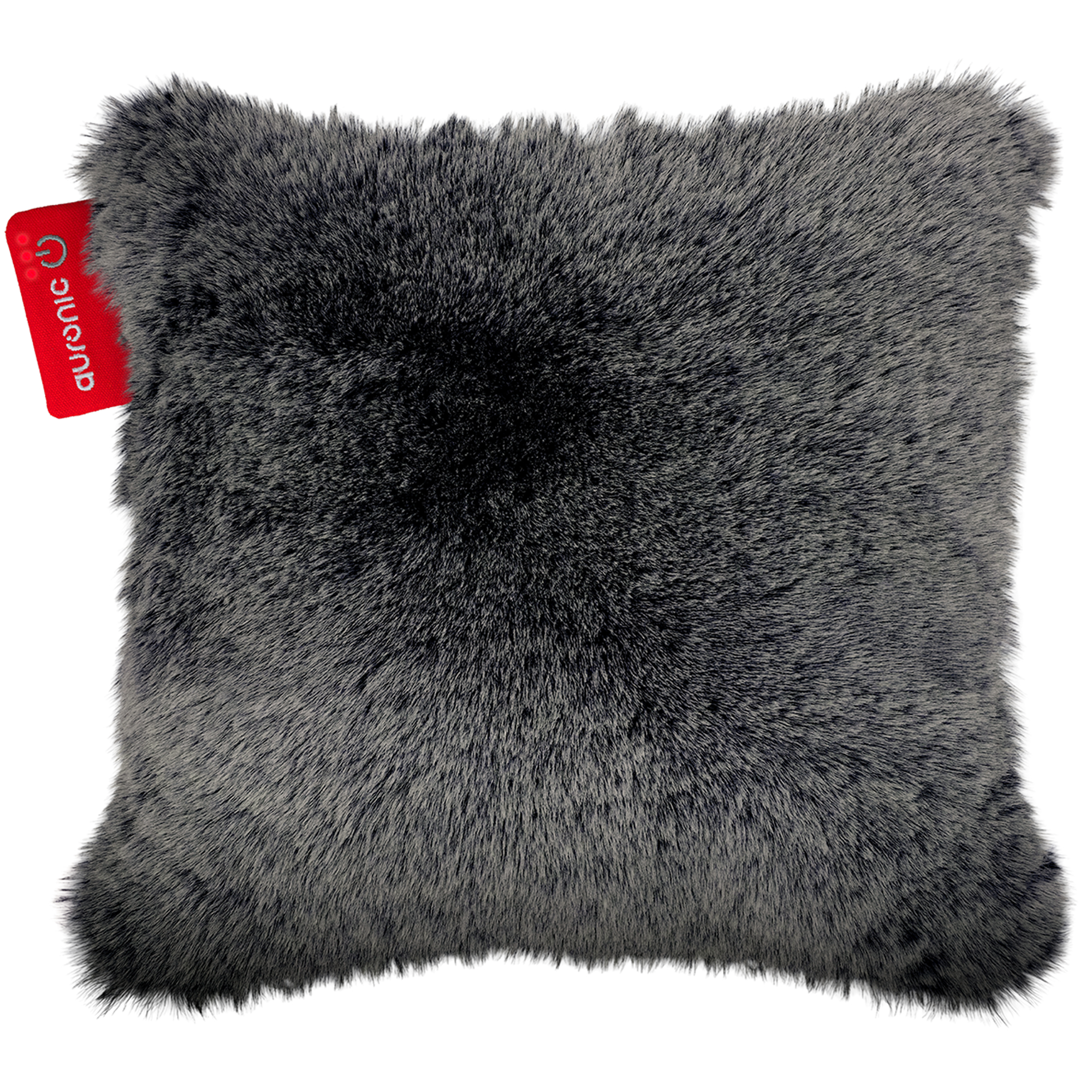 Un oreiller carré, moelleux, gris foncé avec une étiquette rouge indiquant 'auronic'.
