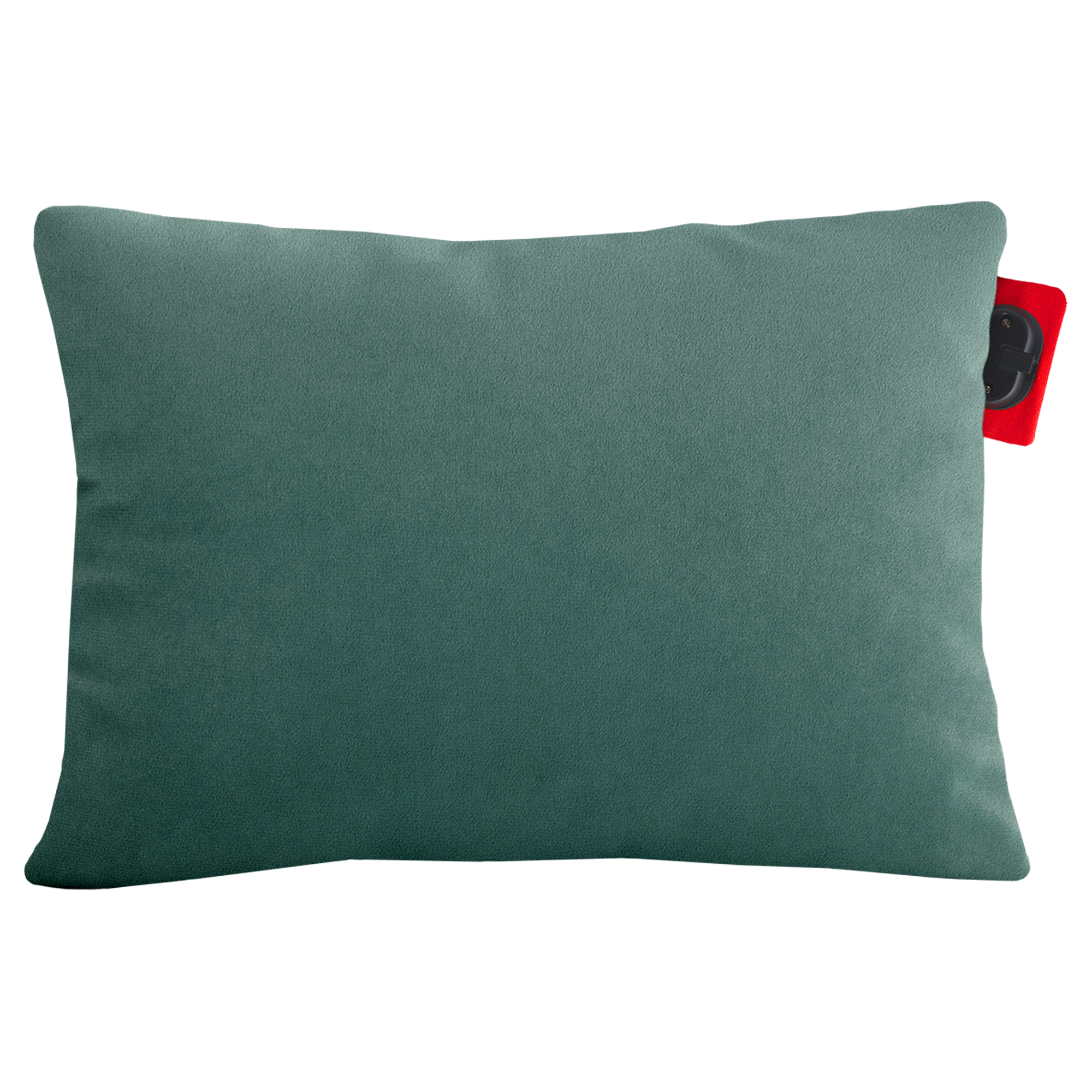 A teal rectangular pillow. A red tag with a black object is on the right side.