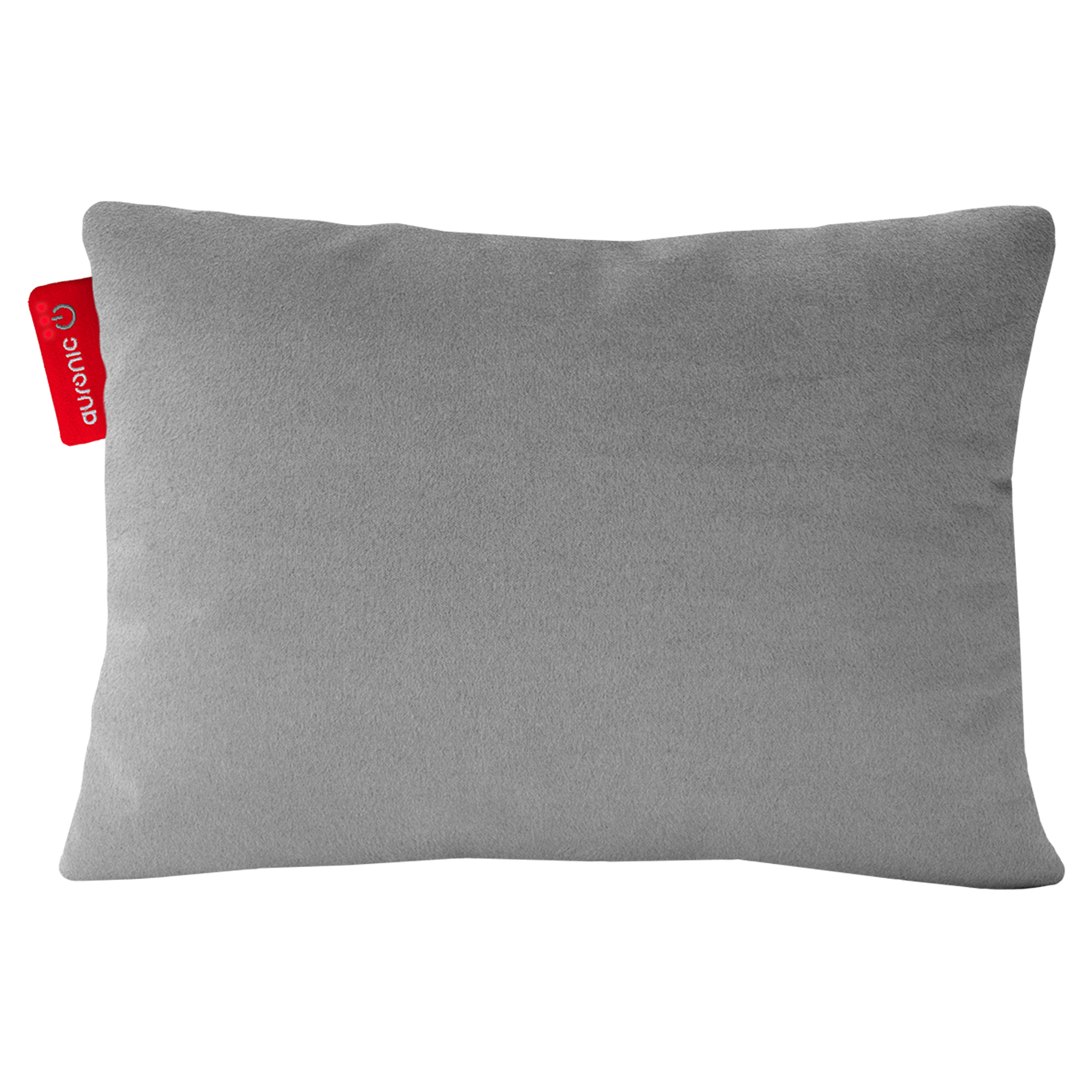 Een rechthoekig, grijs kussen met een rood label met auronic erop. De achtergrond is effen wit.