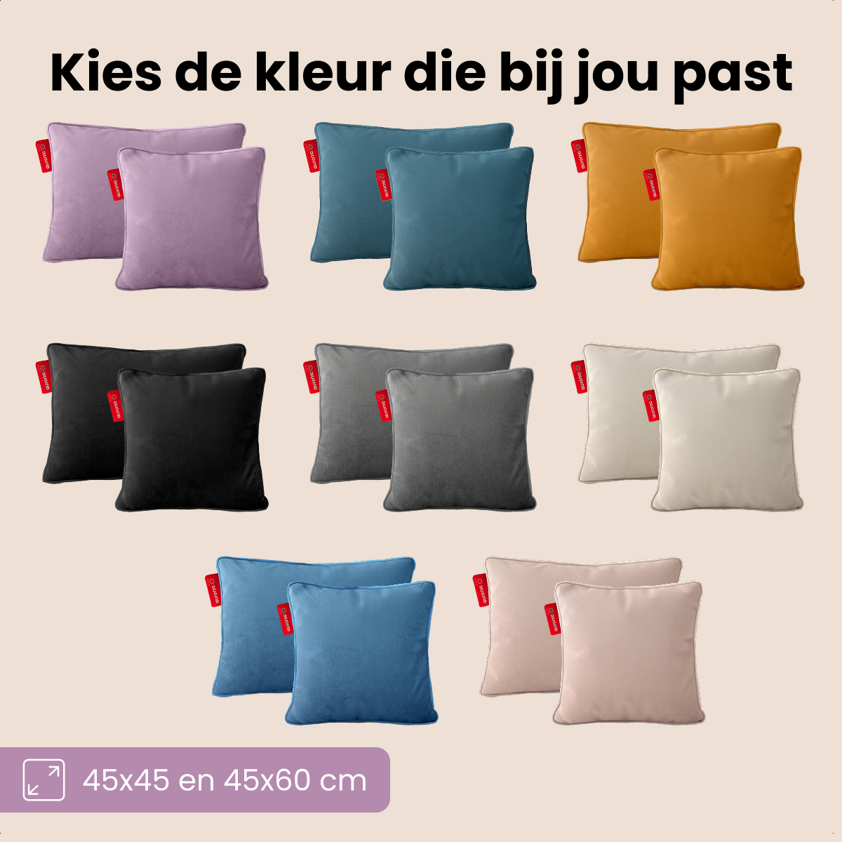 Afbeelding toont sets van twee vierkante kussens in verschillende kleuren: paars, blauwgroen, geel, zwart, grijs, wit, blauw en roze. Tekst hierboven.