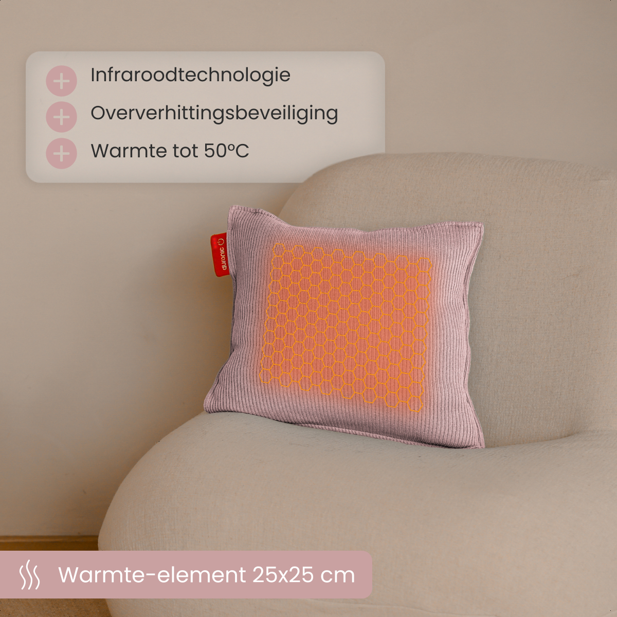 A pink heating pad with orange honeycomb pattern sits on a beige chair. Text describes features: infrared, overheat protection, 50C.