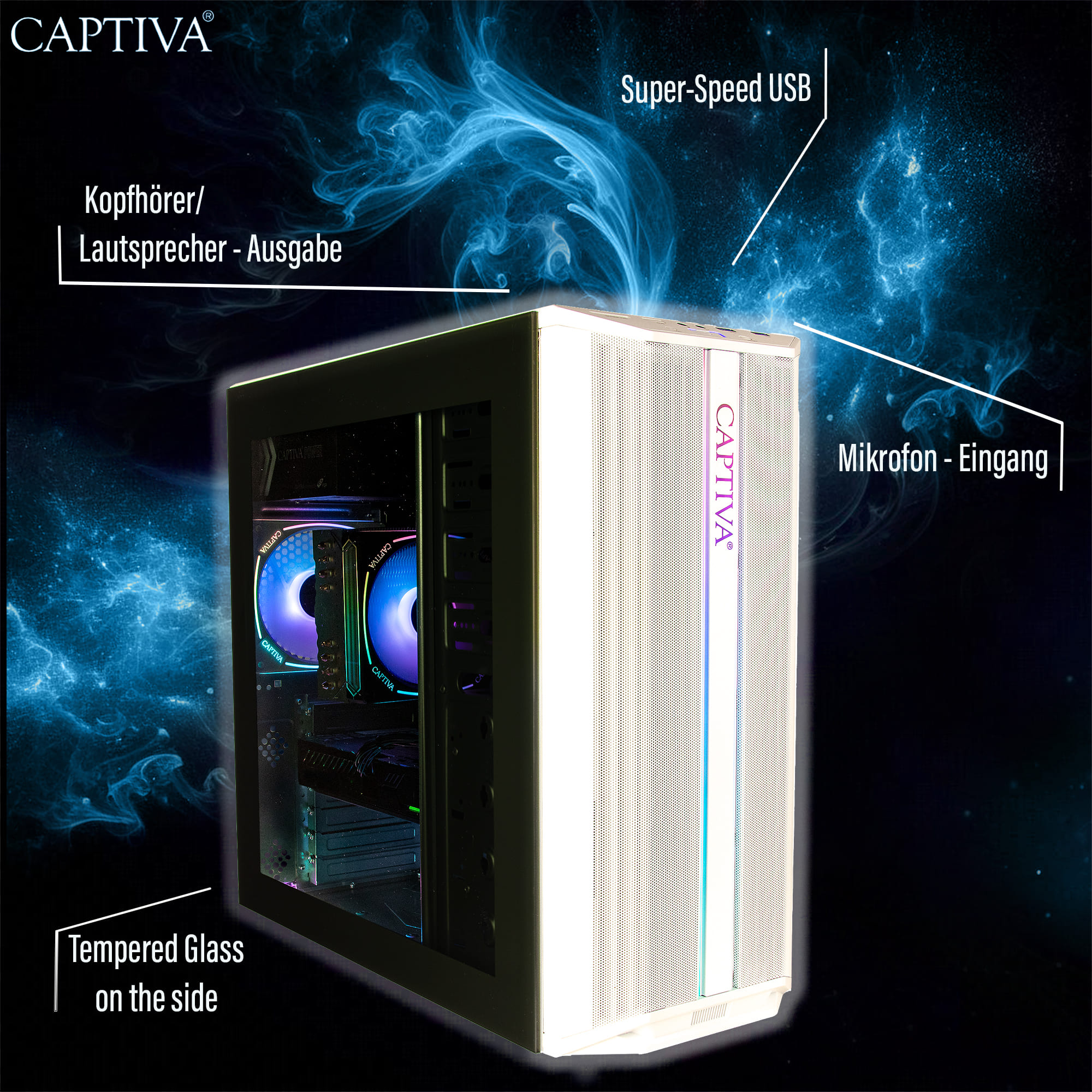 Una carcasa de PC blanca con panel lateral de vidrio. Las etiquetas señalan puertos USB, salida de auriculares y entrada de micrófono.