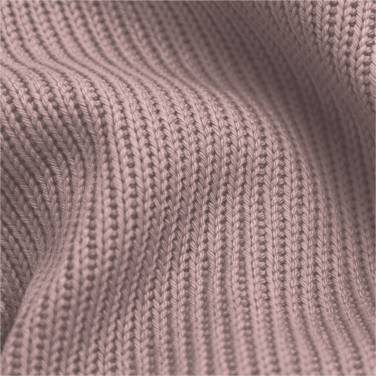 Close-up of a knitted fabric in a dusty rose color. The texture shows vertical ribbing and subtle folds, enhancing the depth.