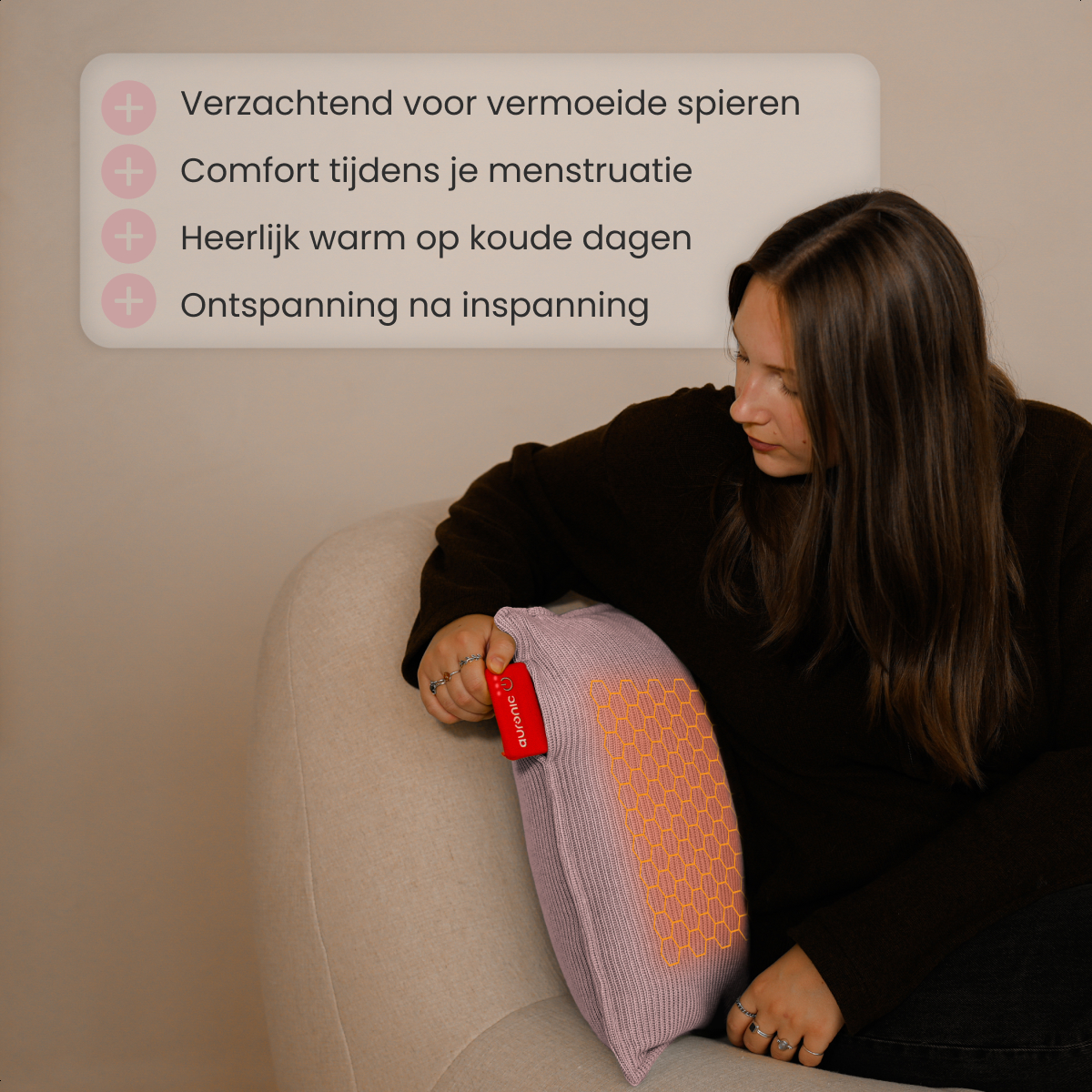 A woman sits with a lilac pillow. A text box lists benefits: muscle relief, menstrual comfort, warmth, and relaxation.