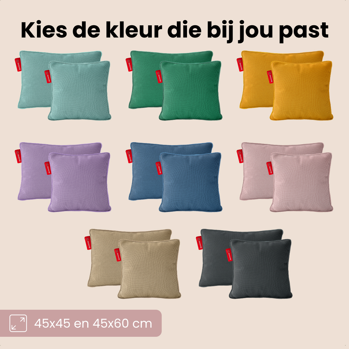 Nine pairs of square cushions in various colors, including teal, green, yellow, purple, blue, pink, beige, and gray. Text at the top.