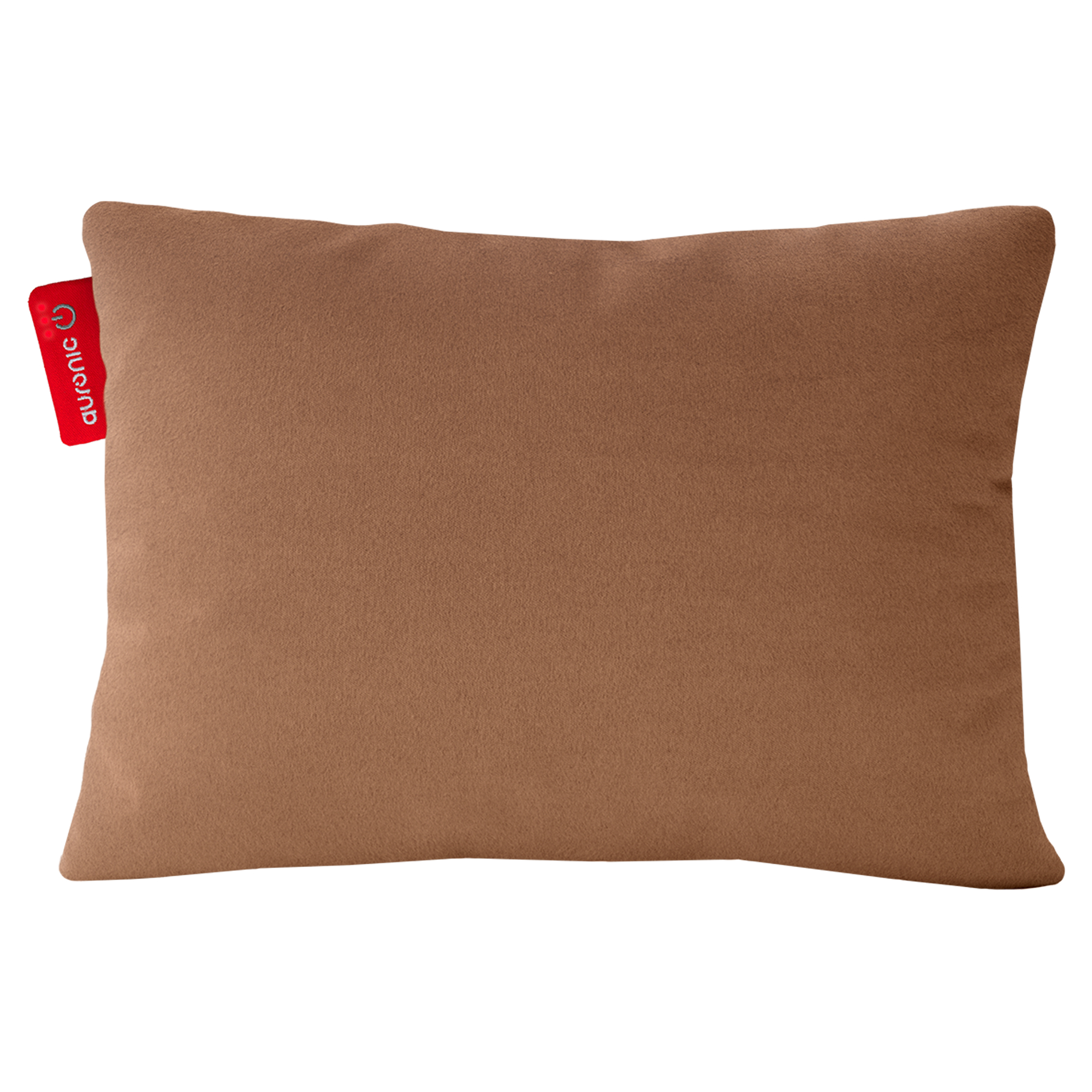 Een bruin rechthoekig kussen met een rood label met 'auronic'.