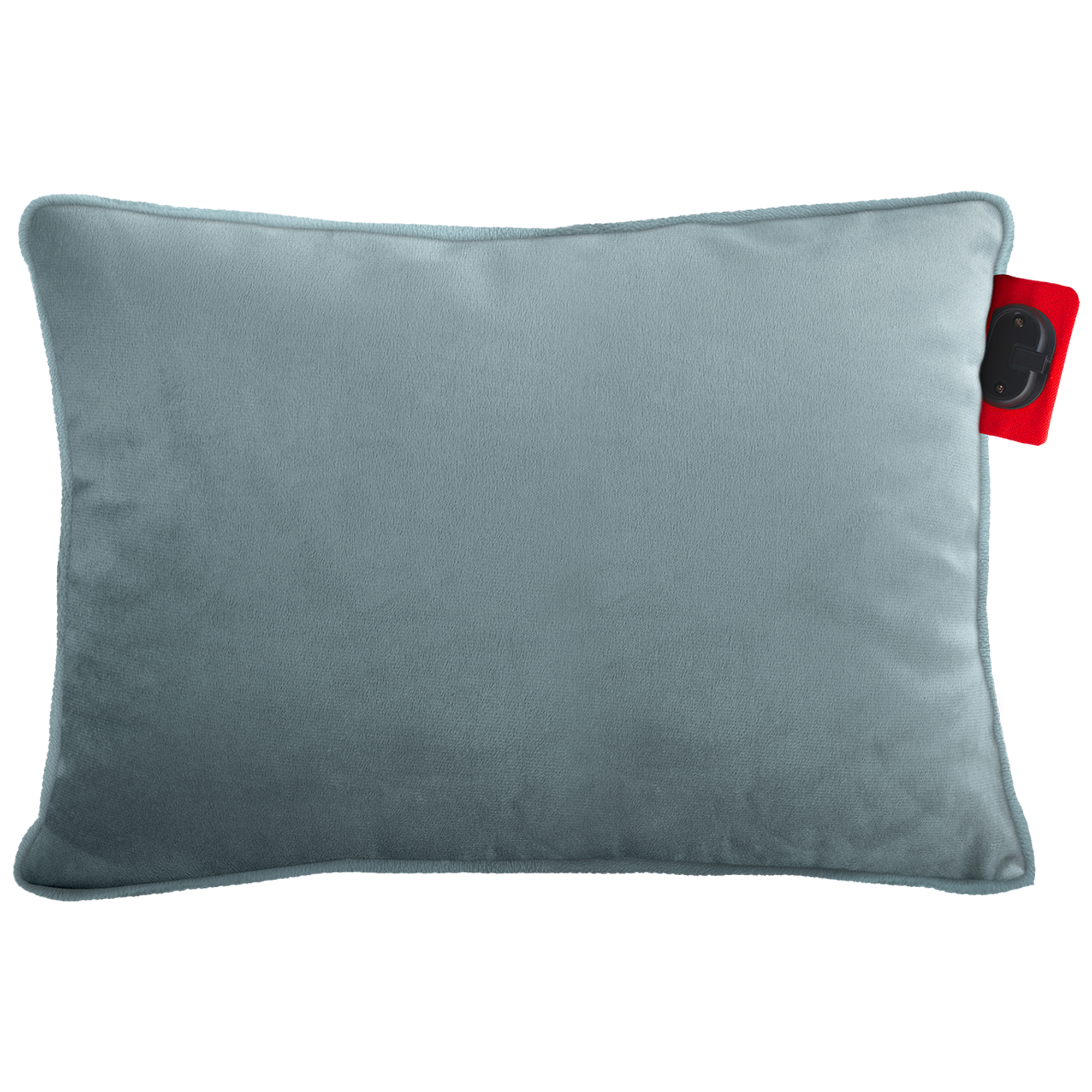 A light blue rectangular pillow with a red tag attached. The tag has a black object.