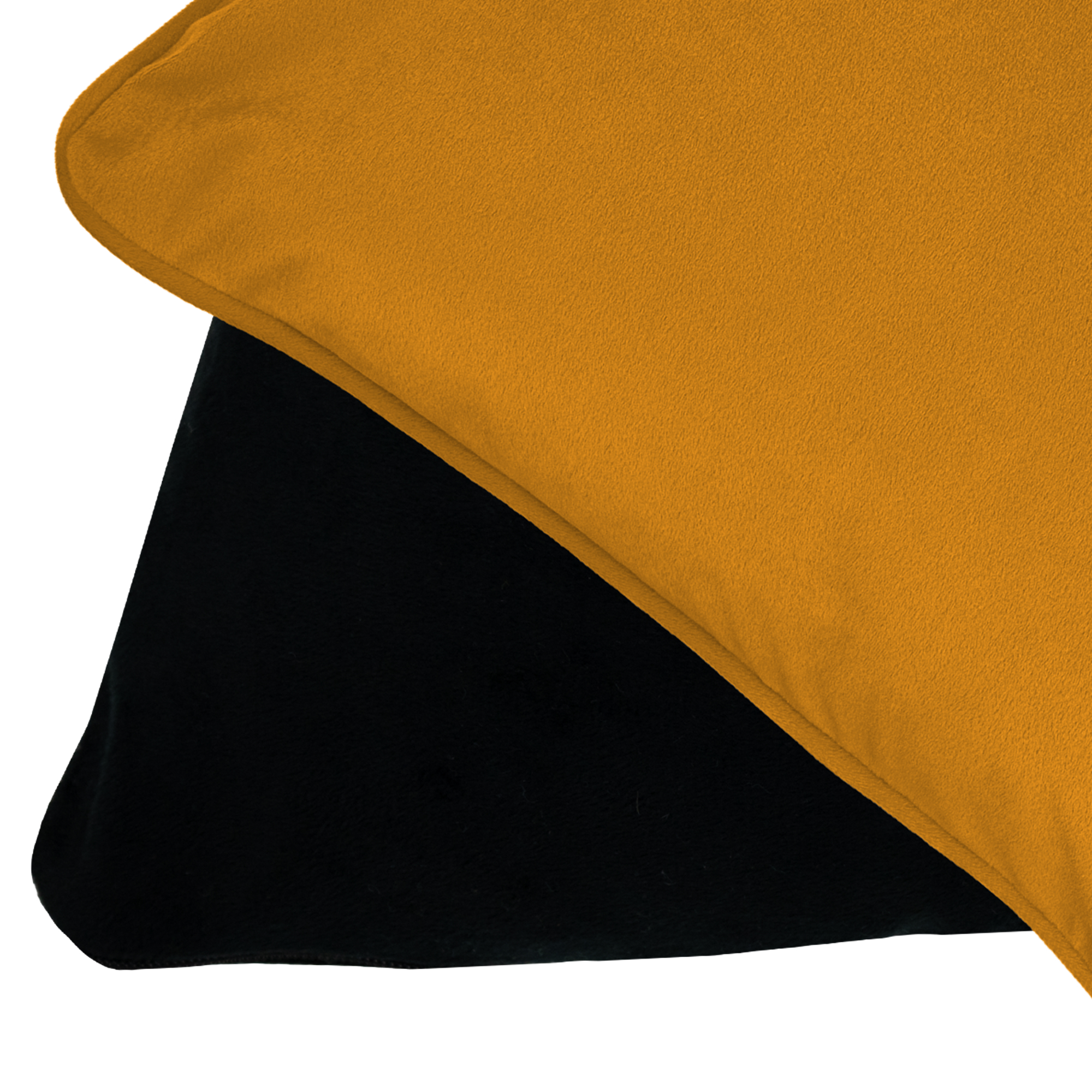 Vue en angle montrant un textile jaune moutarde sur un textile noir sur fond blanc.