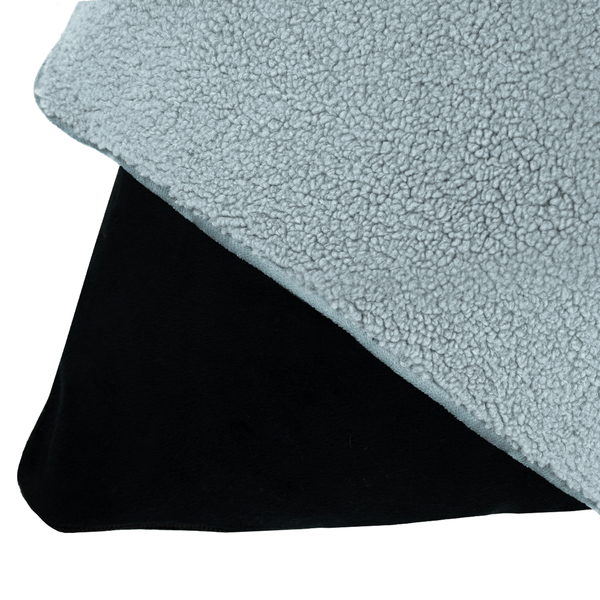 A folded blanket with a gray, fluffy top layer and a black, smooth bottom layer against a white background.