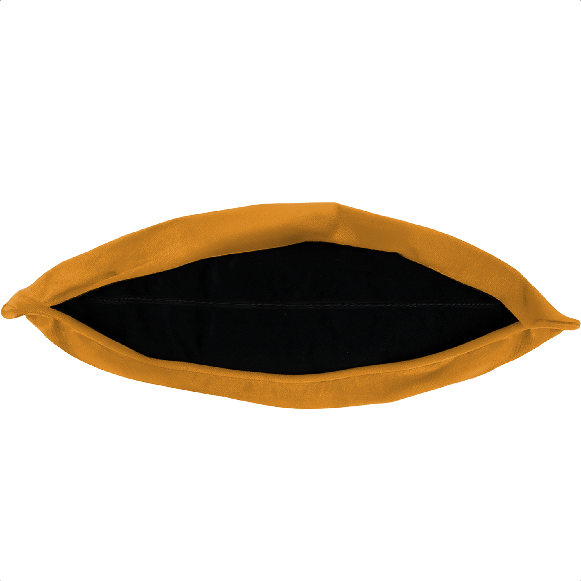 Un oreiller orange avec un intérieur noir est centré sur un fond blanc. L'oreiller a la forme d'un œil.