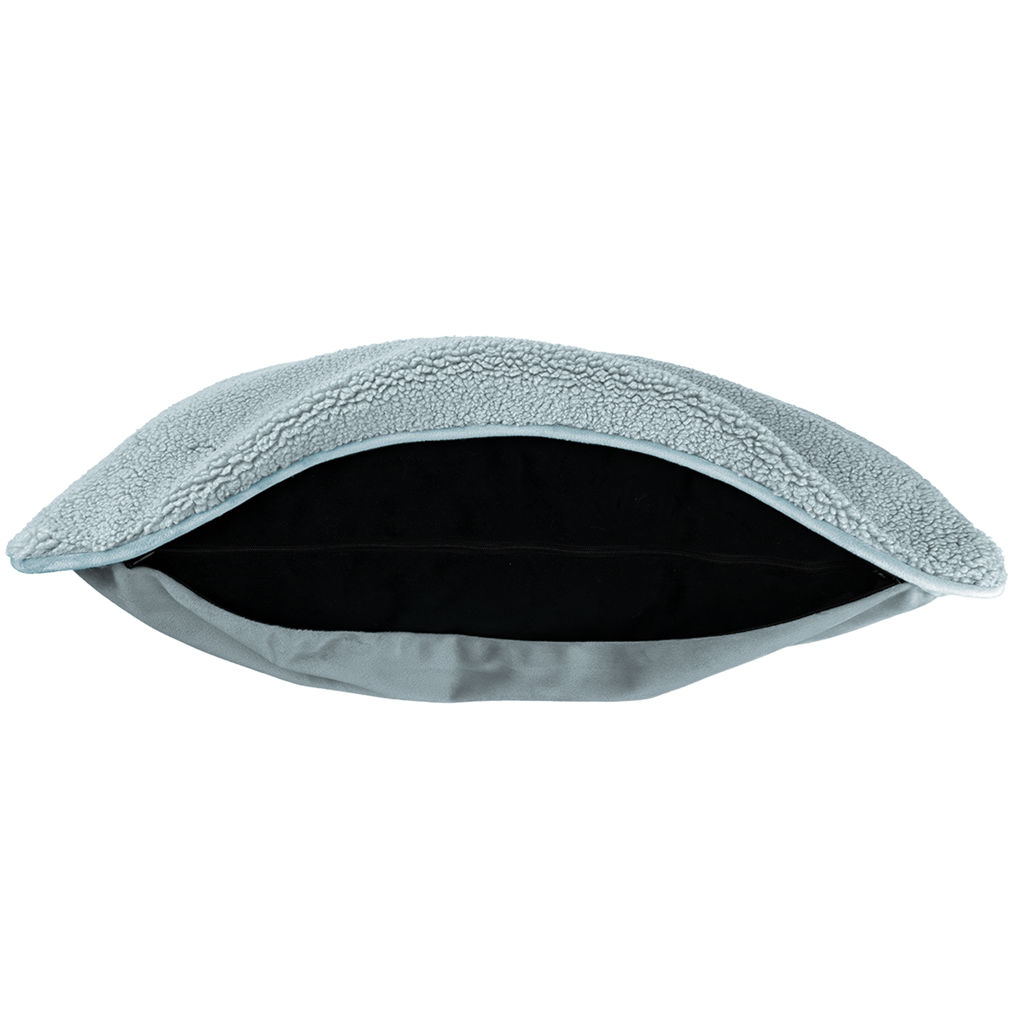 A light blue pillow with a fluffy top and a zipper. The inside of the pillow is black.