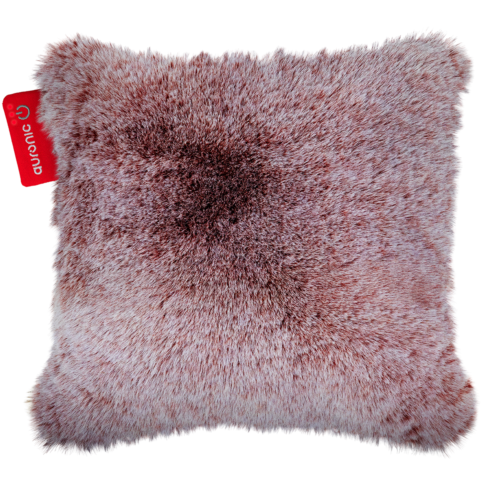 Een zacht, vierkant kussen met een rood label. Het kussen is bruin en wit. Op het label staat 'auronic'.
