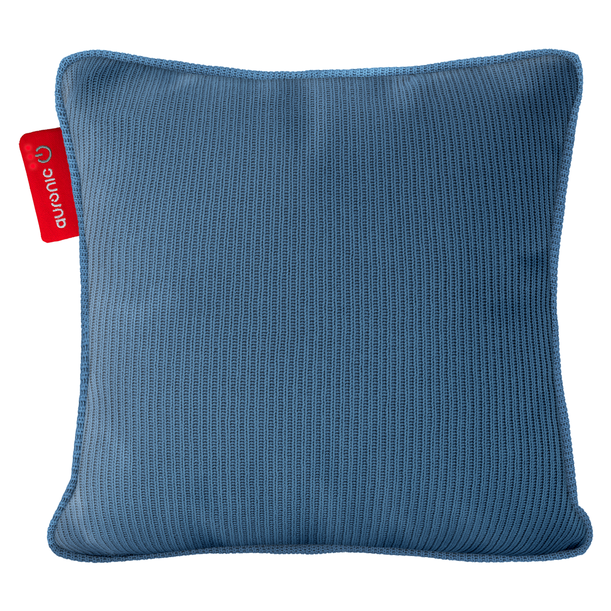Un coussin carré bleu avec une texture tricotée. Une étiquette rouge avec la marque 'auronic' est attachée.