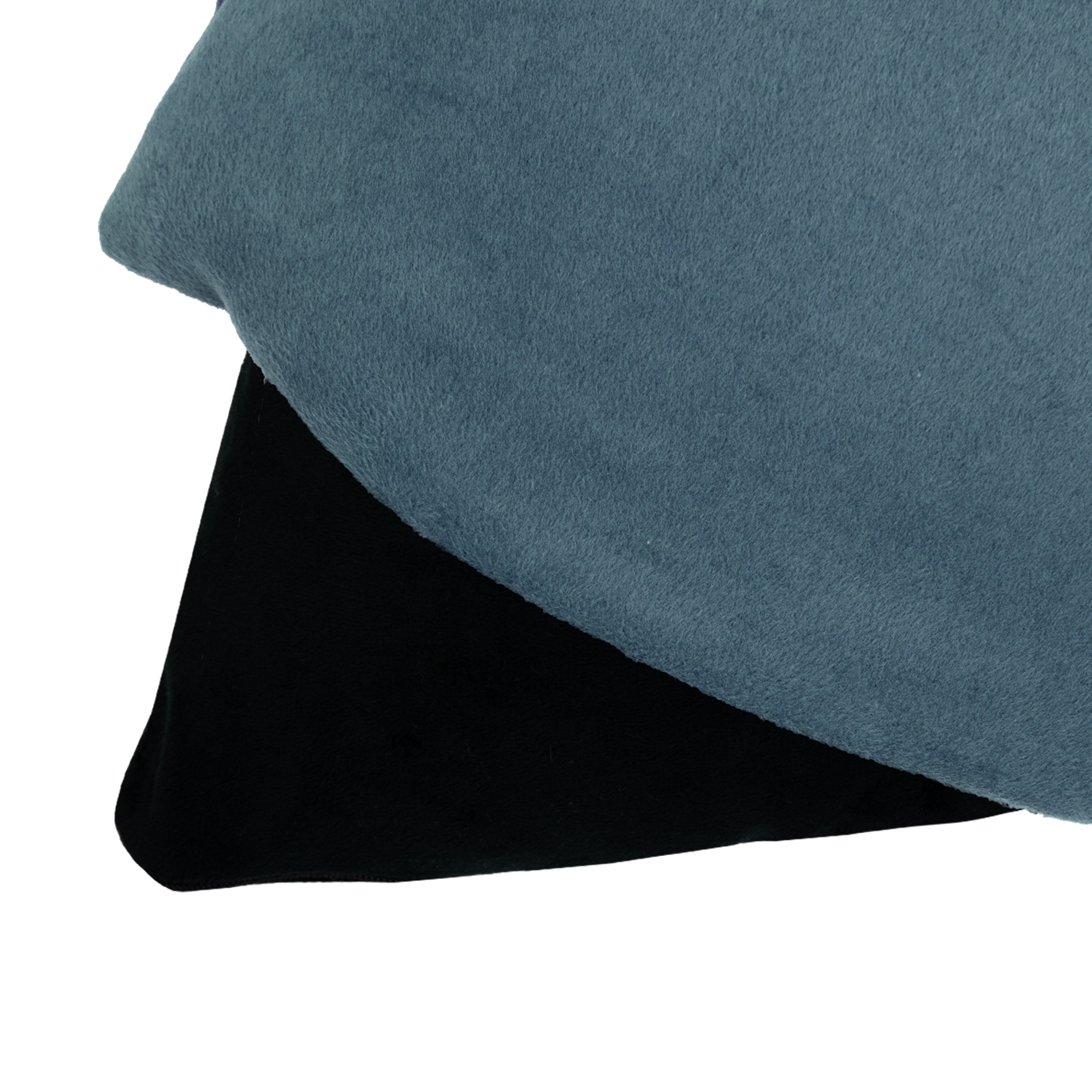 Two pieces of fabric, one teal and one black, overlap. The teal fabric is on top, and the background is white.