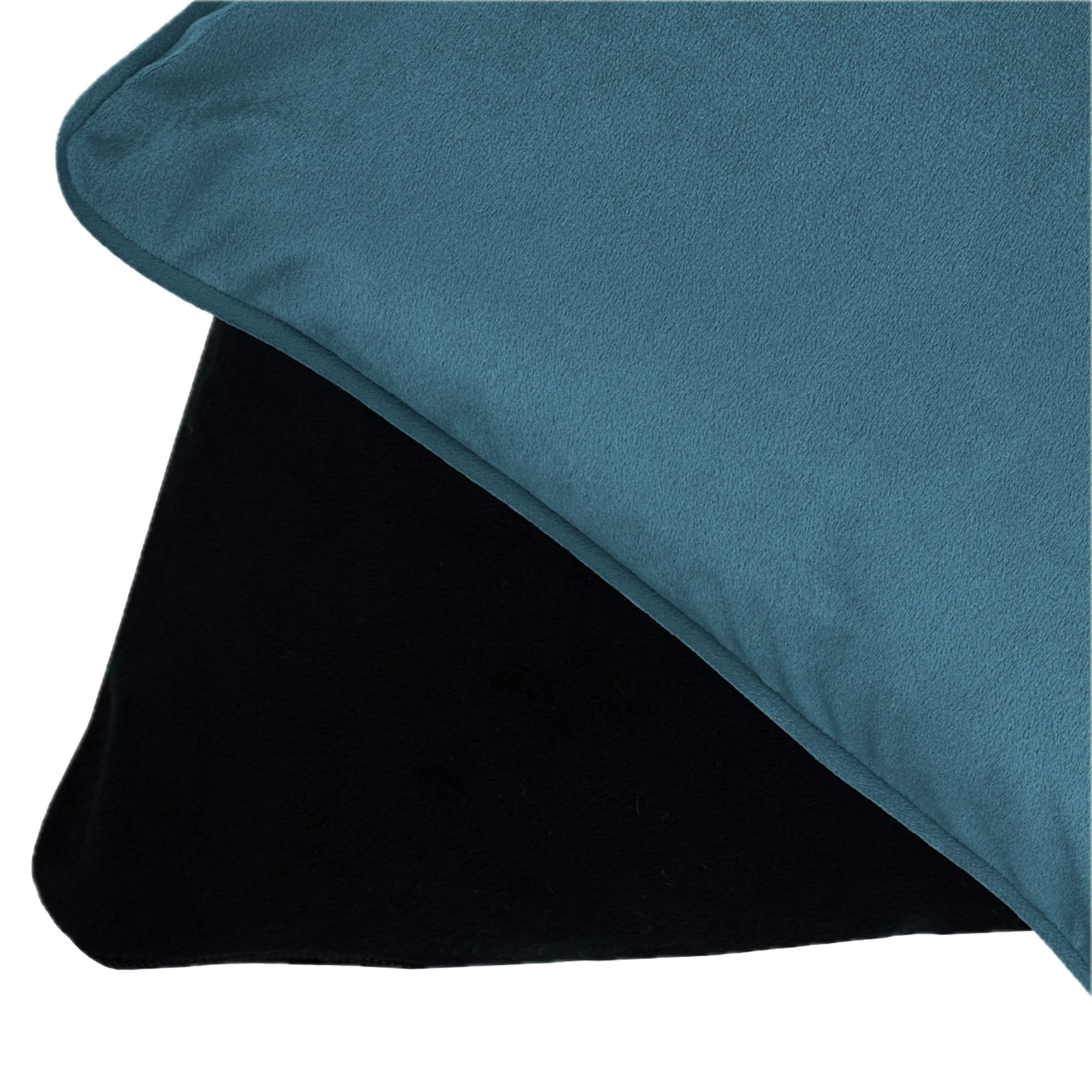 Gros plan de deux couvertures superposées : une couche supérieure bleu sarcelle et une couche inférieure noire, sur fond blanc.